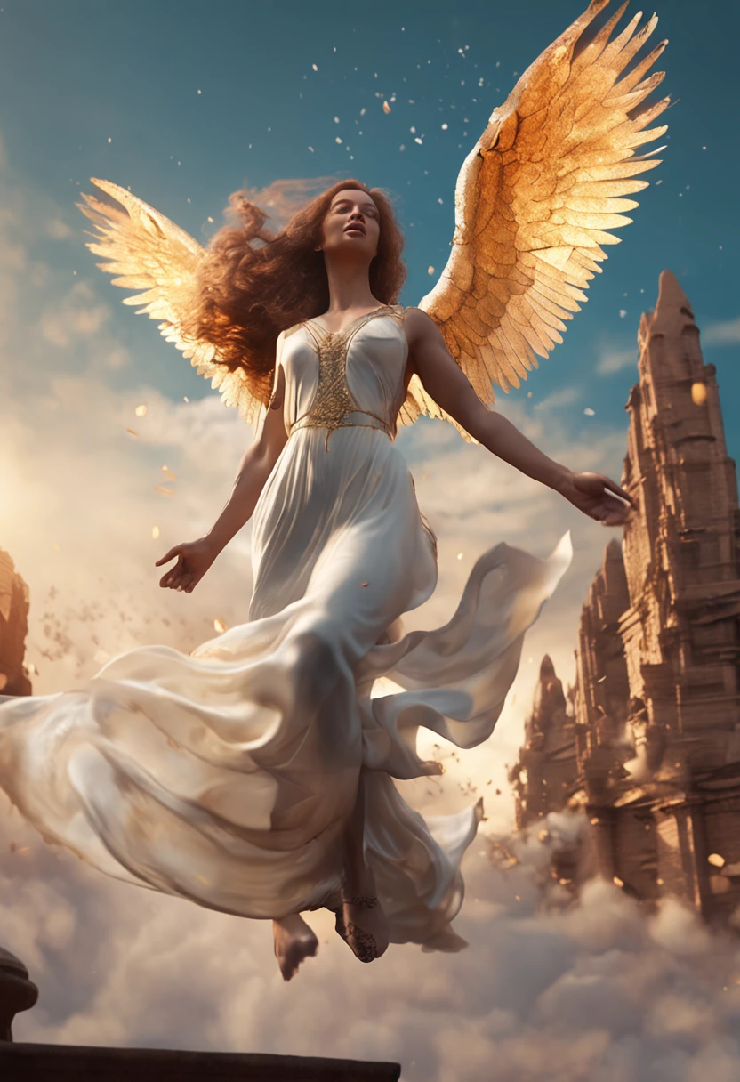 (professional 3d render:1.3) af (Realistic:1.3) The most beautiful artistic photo in the world，Featured angels falling from soft bright skies, ((Angels in heaven descend from heaven in a dynamic pose, Fantastic location, Majestic and cluttered environment)), Full body 8K unit rendering, action  shot, skin pore, very dark lighting, heavy shading, A detailed, Detal Face, (vibration, Realistic photography, Realistic, Dramatic, darkly, foco nítido, 8K), ((((Use skins)))), (复杂:1.4), decadent, (highly  detailed:1.4), digitial painting, rendering by octane, art  stations, concept-art, Liso, foco nítido, illustration, From the budding of art, (loish:0.23), wlop ilya kuvshinov, e Greg Rutkowski e Alphonse Mucha Gracias, (global ilumination, studiolight, Amount of light), lotr, fanciful, biz, Inteiroesbian body, ((Dark and ancient city background:1.3)),CGSesocieda,art  stations