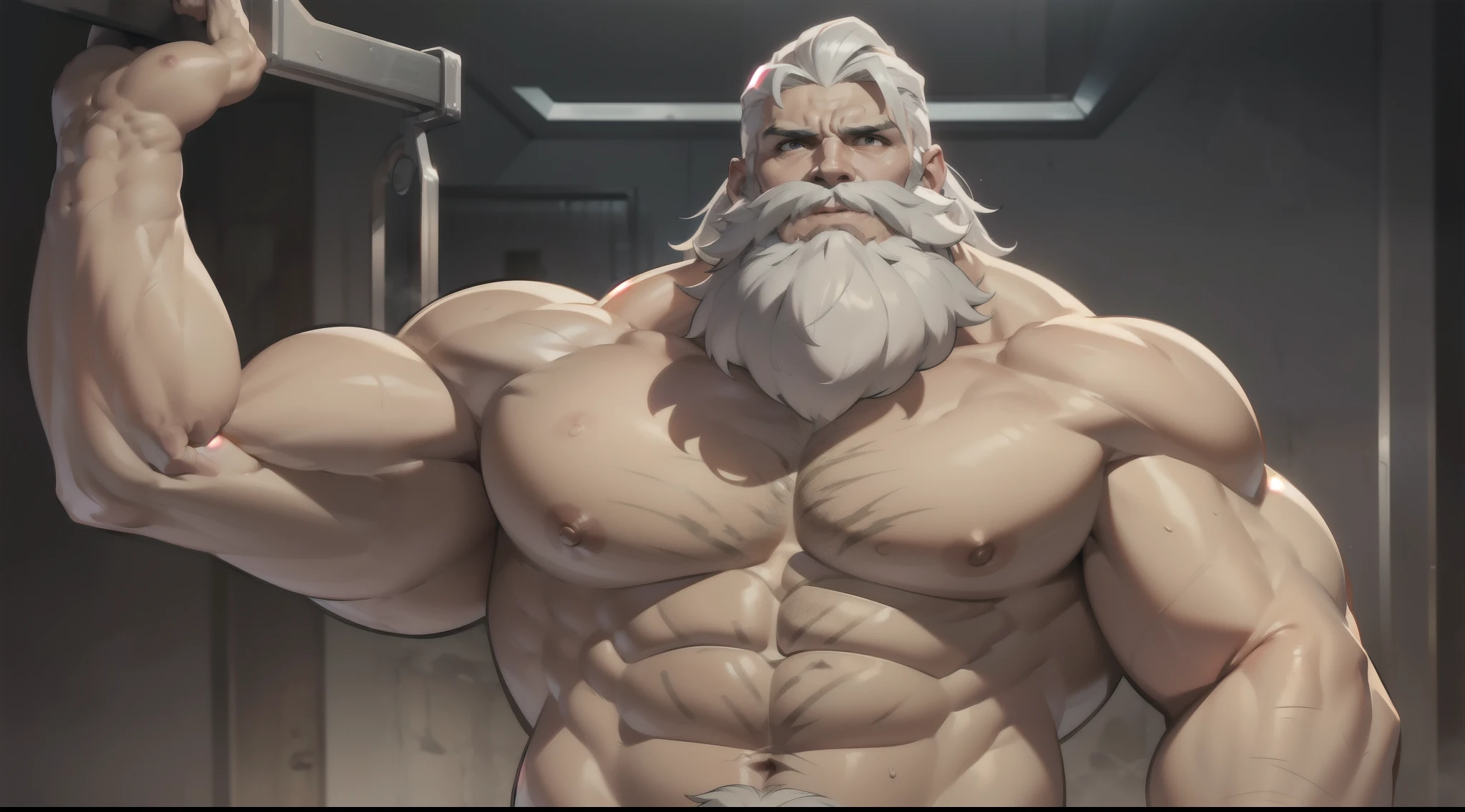 Torso of bearded shirtless topless old muscular prisoner with his arms up, strong chest, strong arms, large muscles, white hair, white beard, muscular, thick abs, pectorals, thick stomach, navel, large pectorals, thick wrists, big body, heavy muscular, tall body, grey training pants, sweating, (chubby: 1), chained hands, interrogation room, cinematic torture scene, movie scene