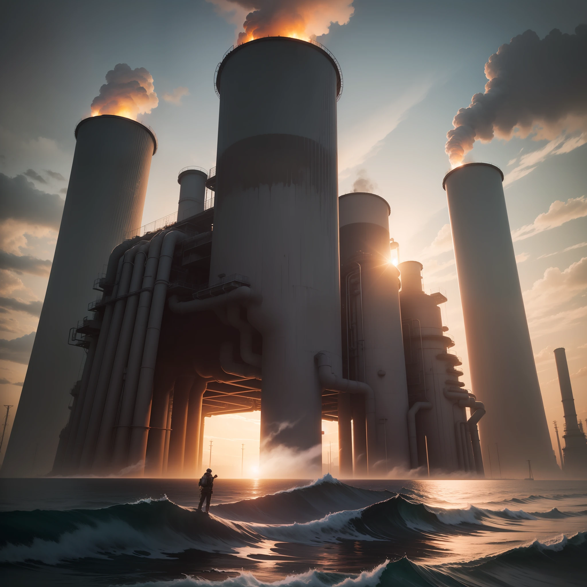 tmasterpiece，HighestQuali，Super A resolution，Best contrast，best detail，Doomsday style，Dark red sky，Anime style，2.2D，islands，nuclear power plant, Huge building，nuclear power plant，beachside，Black smoke billowed from the nuclear power plant，Huge pipes spew black sewage，Spray to the sea，Eschatological，Workers in protective clothing，Faraway view