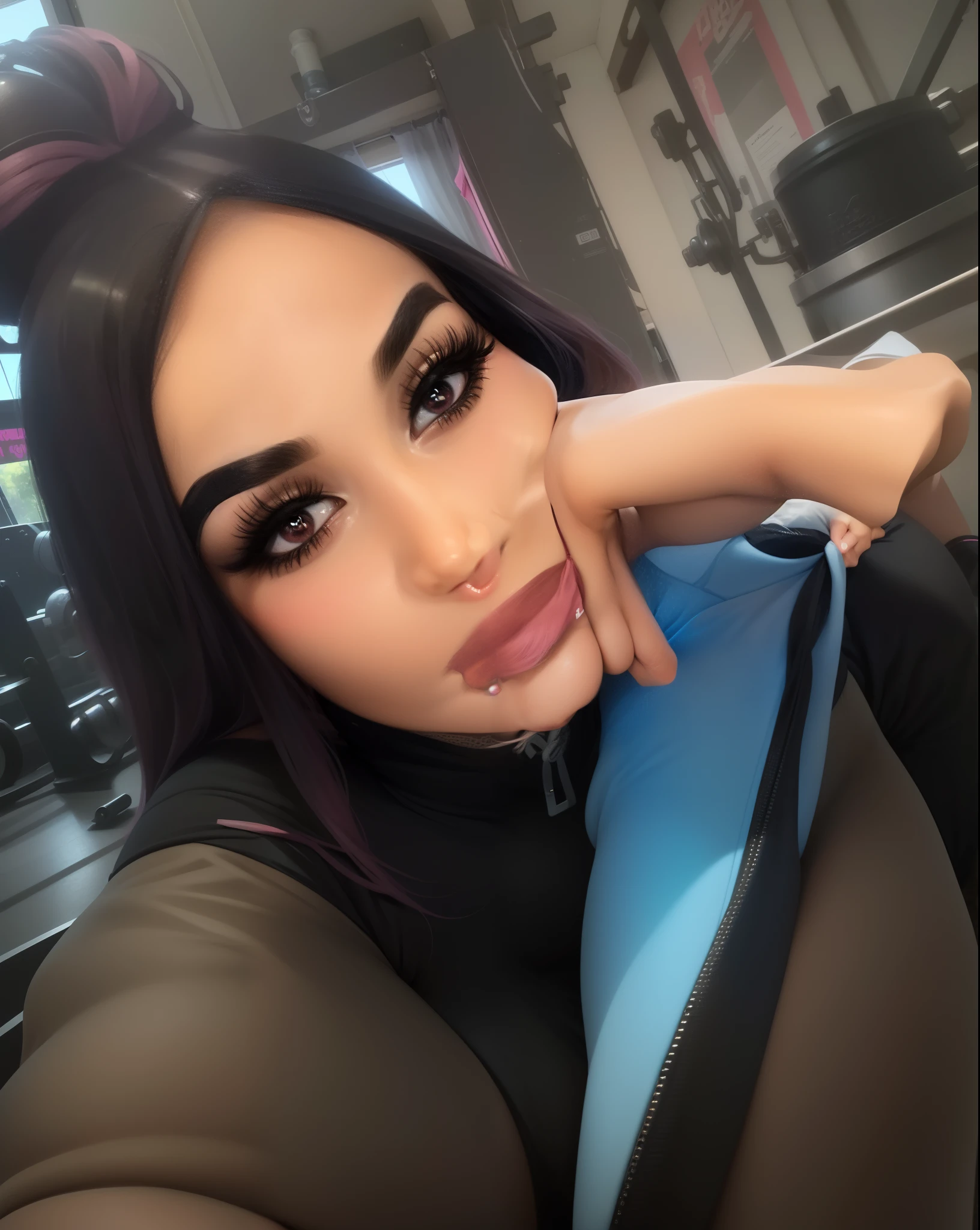 best quality, ultra high res, (photorealistic:1.4), 1girl, (white sports bra, see through, transparent), (yoga pants:1), big breasts,  looking at viewer, smiling, cute, full body, gym room,(platinum pink hair:1)