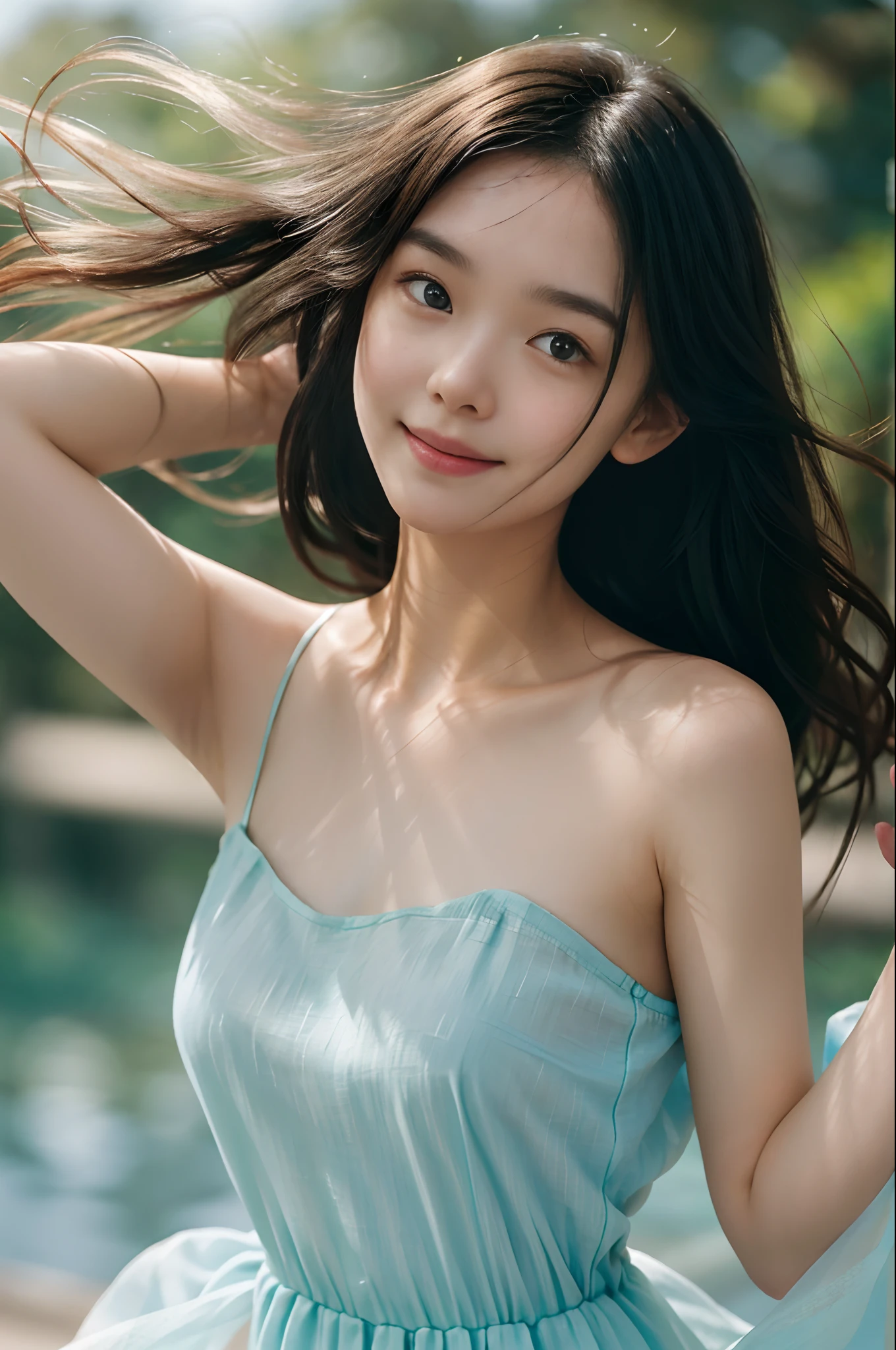 film portrait photography, 1girl, bare shoulders, wavy shoulder-length hair, serene, calm, (realistic detailed eyes, natural skin texture, realistic face details), soft dramatic lighting, depth of field, bokeh, vibrant details, finely detailed, hyperrealistic, 35mm film, hazy blur, filmg,happy smile, dancing, transparent blue spring dress, university