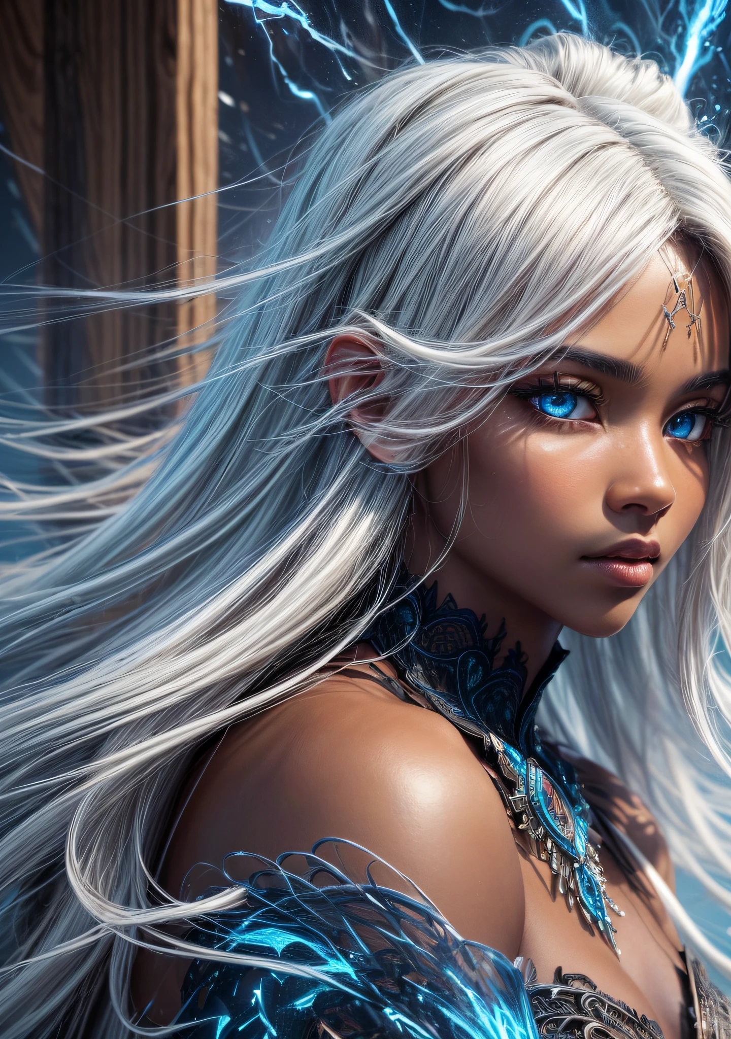 a portrait 1 woman long white hair, (dark skin), with wood and intricate stone skin, luminosity and intricate energy to details, well-shaped body, shapely legs, muscular legs, blue eyes, (bright eyes), (bright eyes), emitting a blue glow), beautiful, calm expression, intense fog hovering over the ground, (masterpiece), (CGI), (High resolution), (hyper detailed),