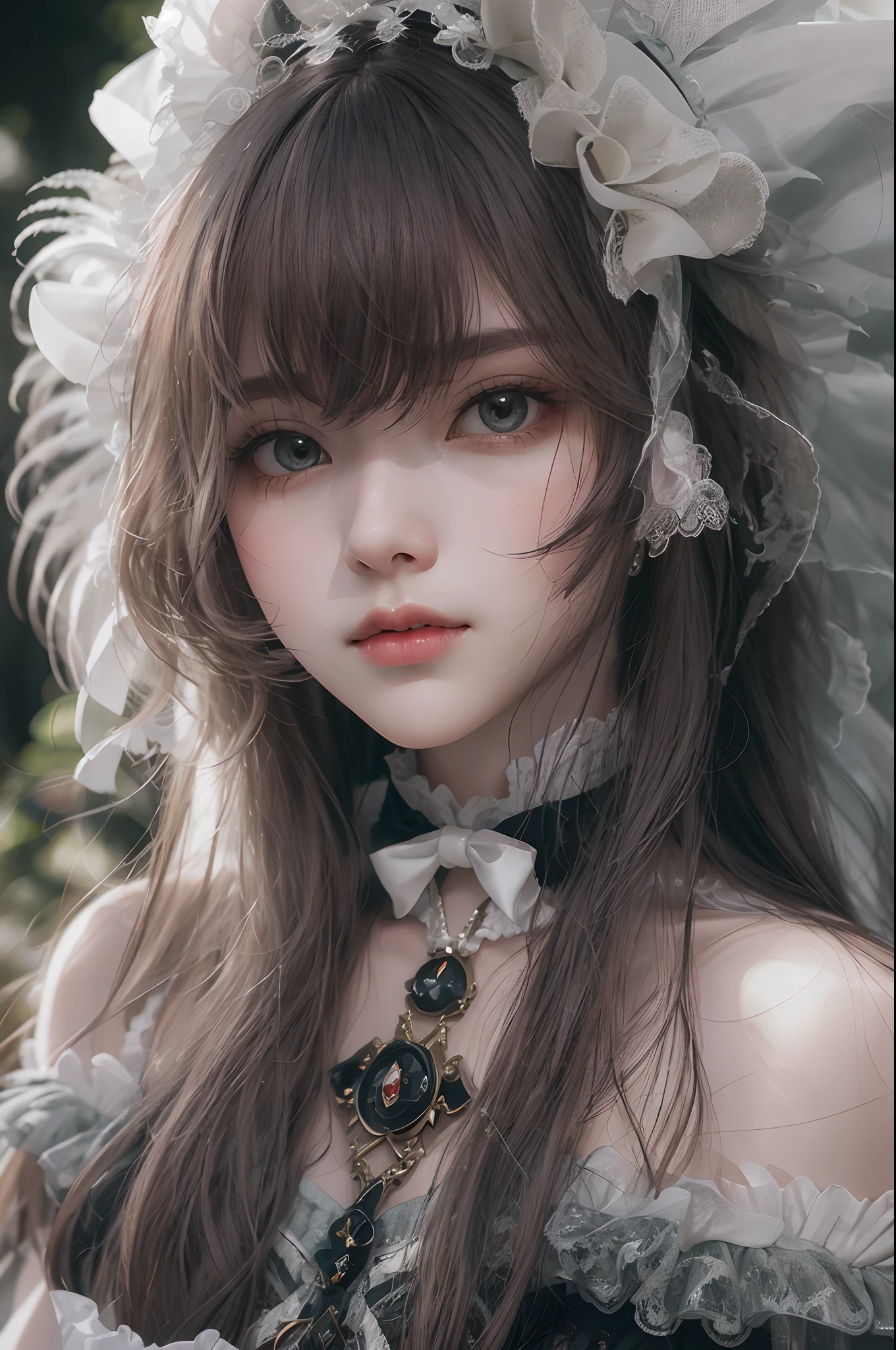 (8K, RAW photos, best qualtiy, tmasterpiece:1.2),(realisticlying, photograph realistic:1.4),Hide your face with sadness, Lolita costume,Lace, Aerith Gainsborough, The upper part of the body, undergarments,exposed bare shoulders,26 years old Adolescent age,详细的脸,Black layer of feathers,(Detailed porcelain doll,Delicate clothes with lots of frills and ribbons),bru,(Close-up of face),seductive appearance,looking at viewert。