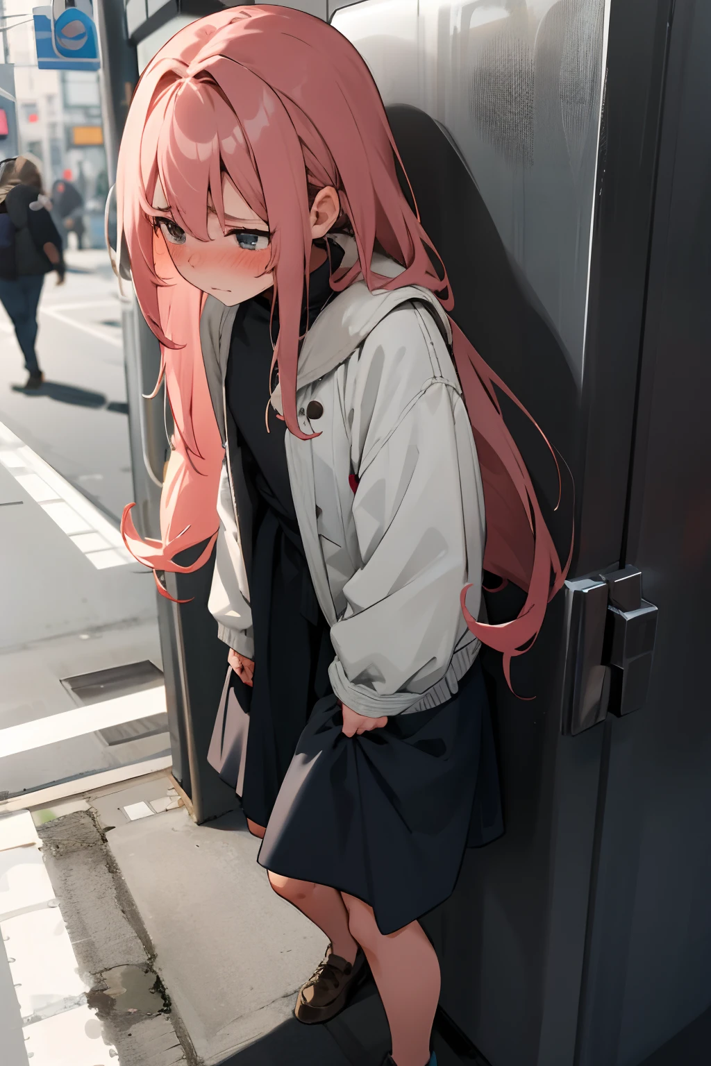 1girl with long hair and dress, 1 girl is taking to lavatory, looking away, standing, embarrassed, blush, Keep one's mouth shut, street (girl is peeing self:0.4)