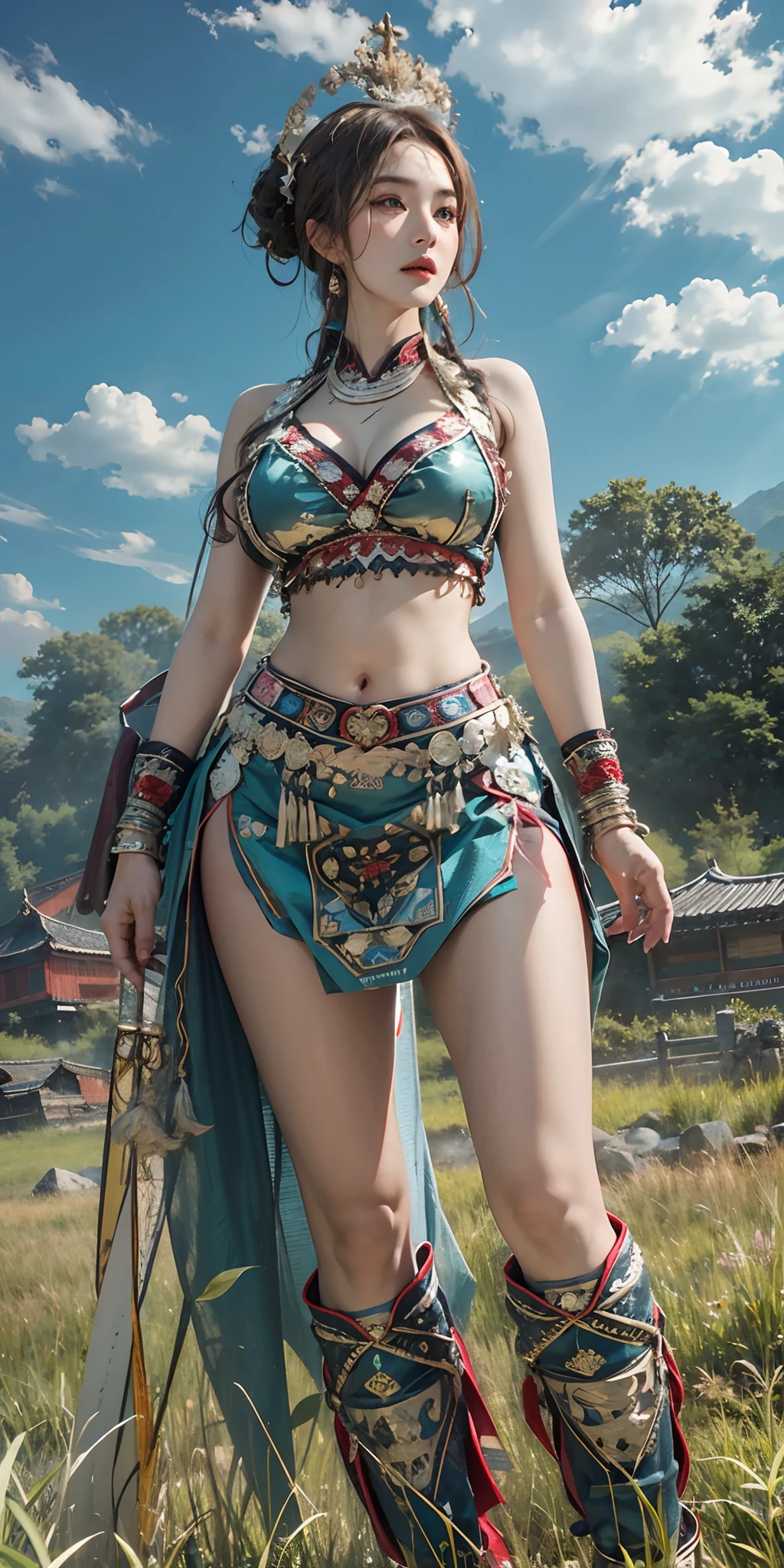 Photorealistic, high resolution, Soft light,1womanl, Solo, Hips up, shiny skins, (Detailed face), plateau,Blue sky,grass field,extreme detailed details,torogao, Hmong clothing, crown,huge-breasted,Big breasts Thin waist,extra long leg,nakeness,Bare breasts,Superskirt,high-heels