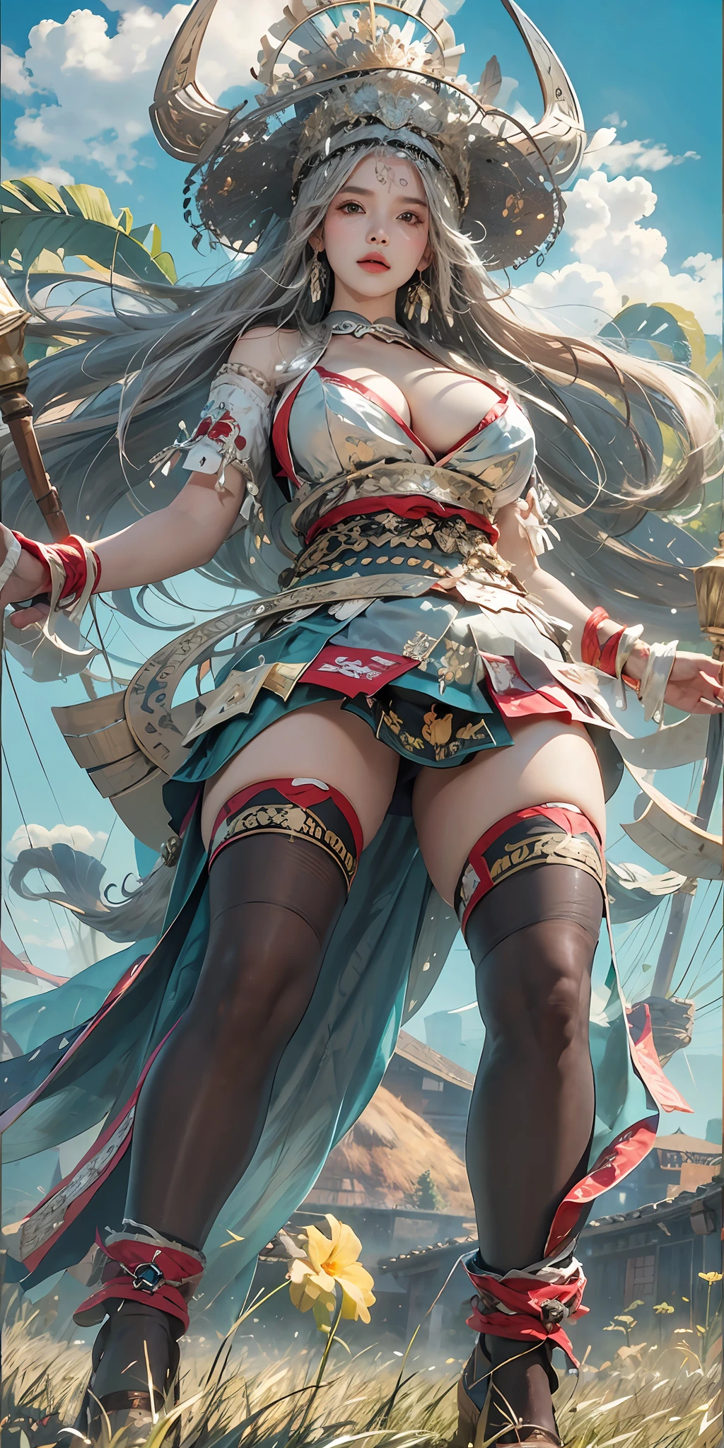 Photorealistic, high resolution, Soft light,1womanl, Solo, Hips up, shiny skins, (Detailed face), plateau,Blue sky,grass field,extreme detailed details,torogao, Hmong clothing, crown,huge-breasted,Big breasts Thin waist,extra long leg,nakeness,Bare breasts,Superskirt,high-heels