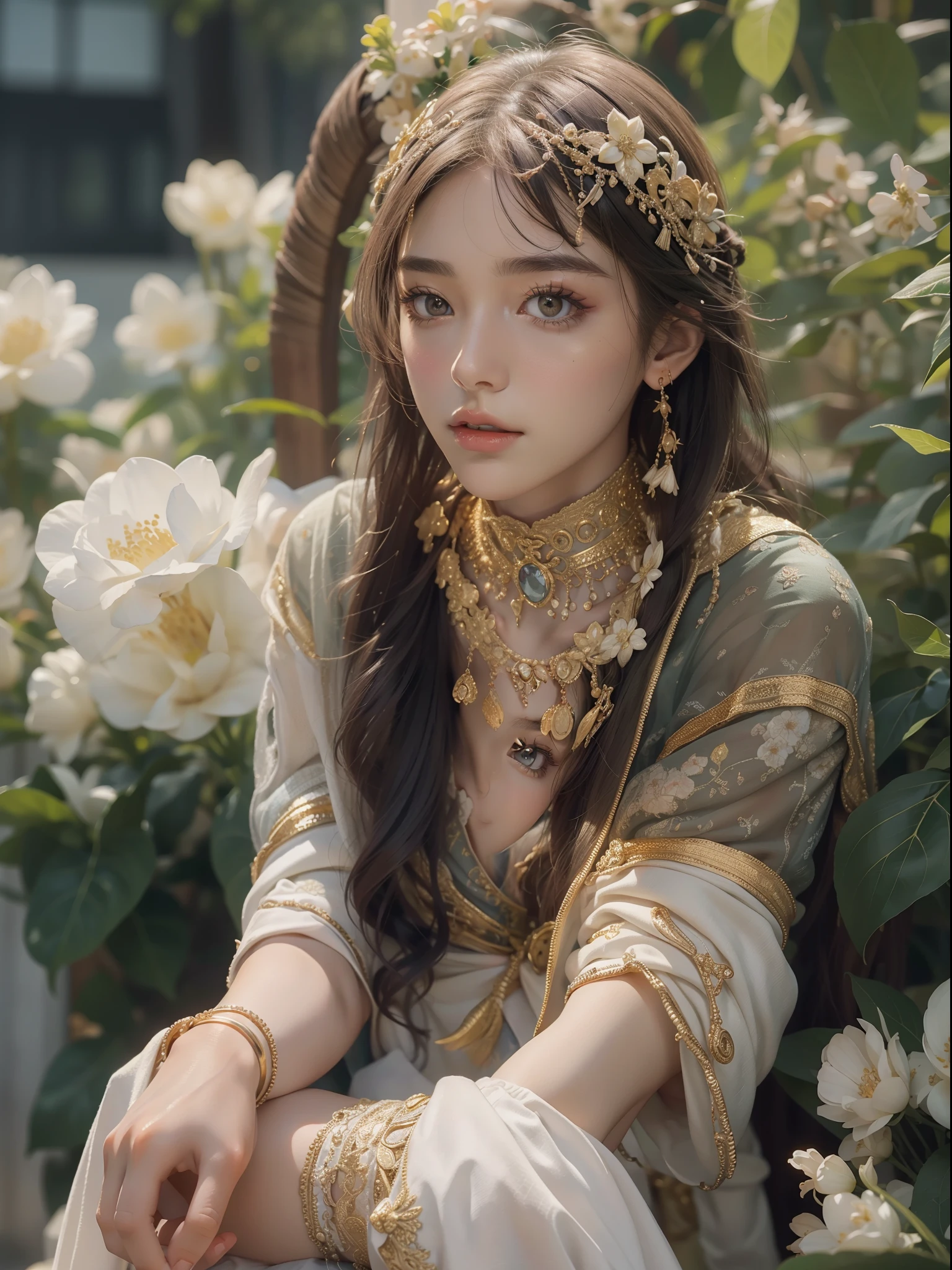 offcial art，统一 8k 壁纸，ultra - detailed，Beauty and aesthetics，big breasts beautiful，tmasterpiece，Best quality at best，（zentangle，datura，Tangles，entangled），（ecstasy of flower：1.2）dynamic angle，Cute and delicate face，Fine face，the golden ratio，face in golden proportions，Expressive eyes，s the perfect face，Perfect skin，Flawless face，Clear face，shinny hair，paleskin， Proper body proportion，perfect anatomia，realistic skin textures，lusciouslips，Glossy lips，Natural makeup，beautiful bright pupils，slender figures，complex eyes，Detailed pupils， Detailed face and eyes， long eyelasher， Blushlush， nice hand， perfect hand， Nice face， beautiful female bodies， finelydetailedskin， Oily glowing skin， Break， （（（（（Pedras preciosas， Forbidden castle on the mountain， pixelart， art for the game， Critical vision， hyper realisitc））））， Break， （PureErosFace_V1：0.5）， （Ulzzang-6500：0.5）， （kbxll：0.6），romanticism lain，atmospurate