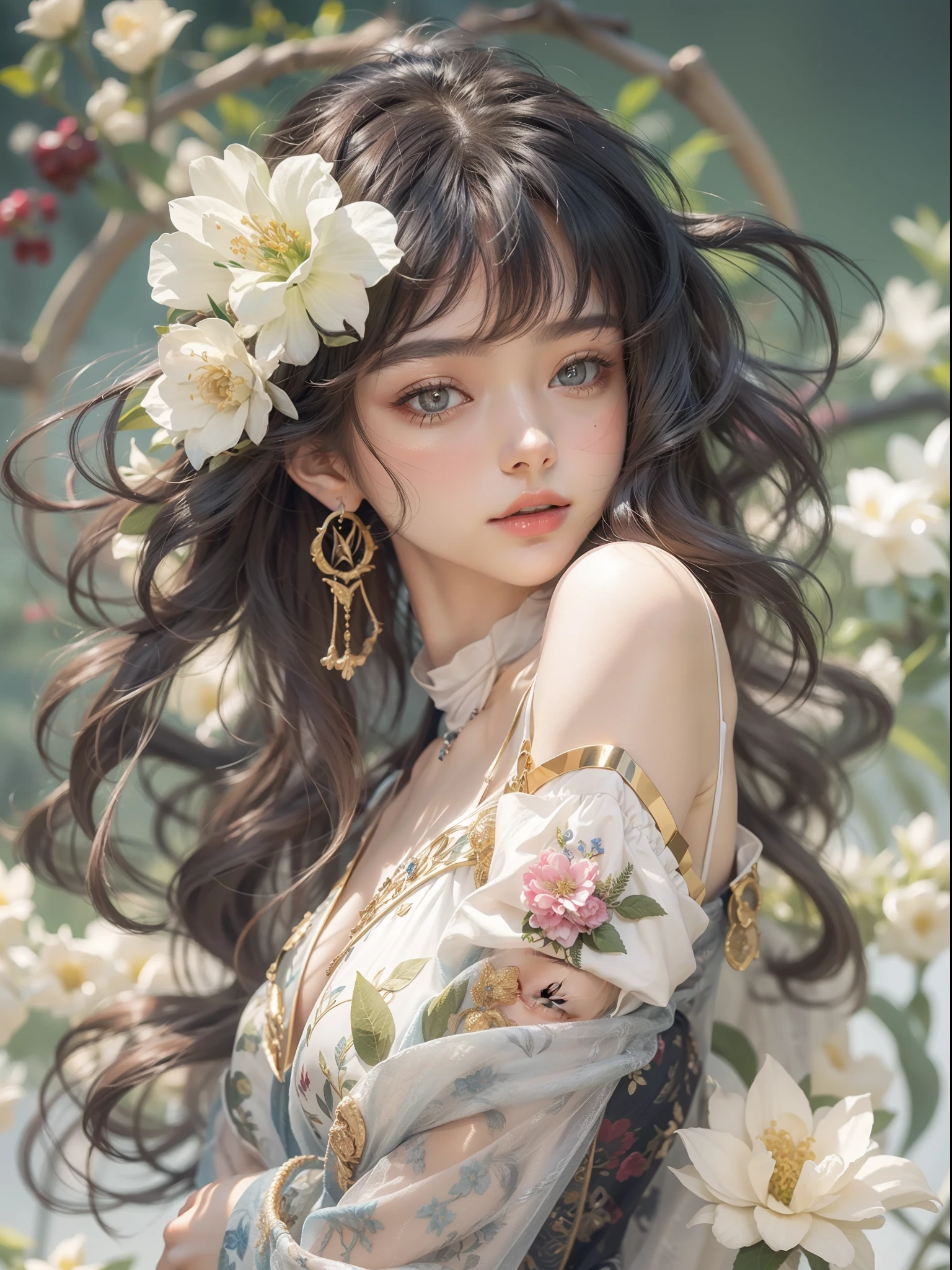 offcial art，统一 8k 壁纸，ultra - detailed，Beauty and aesthetics，big breasts beautiful，tmasterpiece，Best quality at best，（zentangle，datura，Tangles，entangled），（ecstasy of flower：1.2）dynamic angle，Cute and delicate face，Fine face，the golden ratio，face in golden proportions，Expressive eyes，s the perfect face，Perfect skin，Flawless face，Clear face，shinny hair，paleskin， Proper body proportion，perfect anatomia，realistic skin textures，lusciouslips，Glossy lips，Natural makeup，beautiful bright pupils，slender figures，complex eyes，Detailed pupils， Detailed face and eyes， long eyelasher， Blushlush， nice hand， perfect hand， Nice face， beautiful female bodies， finelydetailedskin， Oily glowing skin， Break， （（（（（Pedras preciosas， Forbidden castle on the mountain， pixelart， art for the game， Critical vision， hyper realisitc））））， Break， （PureErosFace_V1：0.5）， （Ulzzang-6500：0.5）， （kbxll：0.6），romanticism lain，atmospurate