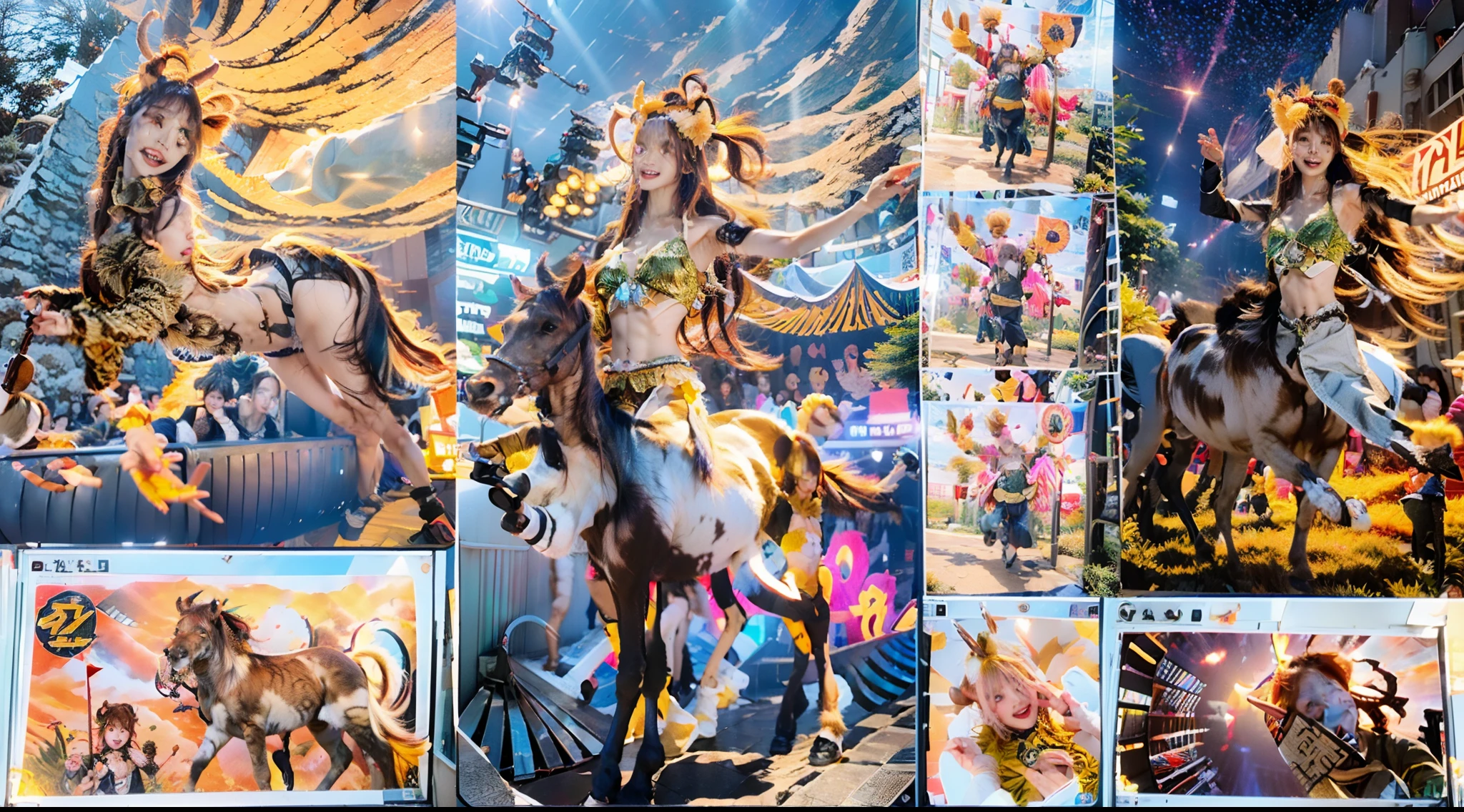 In the beautiful illustration of this super-grand scene,The ultra-distant lens shows us(Over eight separate and distinctive centaur characters:9.9),They all have their own characteristics,Vivid and interesting。Translucent fluid flowing from the(A radiant angelic centaur from the celestial realm:6.6),to the(A centaur surrounded by nightmarish flames:6.6)、And then(A fairy centaur dancing in the air:6.6)、And then there is(Unicorn centaur surrounded by lightning:6.6),to the(Mechanical style centaur with a metallic glow:6.6)、And then(Powerful colorful dragon scale centaur:6.6)、And then(Graceful and agile elf centaur slenderness:6.6)Gracefully wears a flower crown、to the(Enchanting and charming Tiflin centaurs:6.6)、And then(A succubus centaur with an indescribably sexy feeling:6.6)。Each character has their own unique charms and abilities。The illustration uses advanced artistic techniques and tools,(Use nesting、woven、stitching、ssee-through、arrange、grouping、Storyboards and other methods,Divide the scene into sections by geometric arrangement:9.9),Each section corresponds to a centaur character,This makes more efficient use of space。Through Midjourney's advanced brush tools、Color palette、Material packs and model packs、Texture tools,For each centaur, beautiful props are designed to increase racial characteristics、Clothing and physical features,(Enhances the character's personality and visual appeal:2.5),The scenery in the illustrations is stunning,There are changing skies、rainbowing、extreme light、Stars and Moon。Incorporating iconic landmarks such as Mount Everest,and fireworks、tranquil lake、Natural and urban elements of waves and neon lights,Creates a magical atmosphere,The centaurs display their unique abilities and equipment in a variety of environments,This is true even in extreme alien landscapes。(Use Midjourney's tools、Material packs、Texture tools、The color palette makes depicting details vivid and realistic:9.9),From complex hairstyles and as well as different racial tr