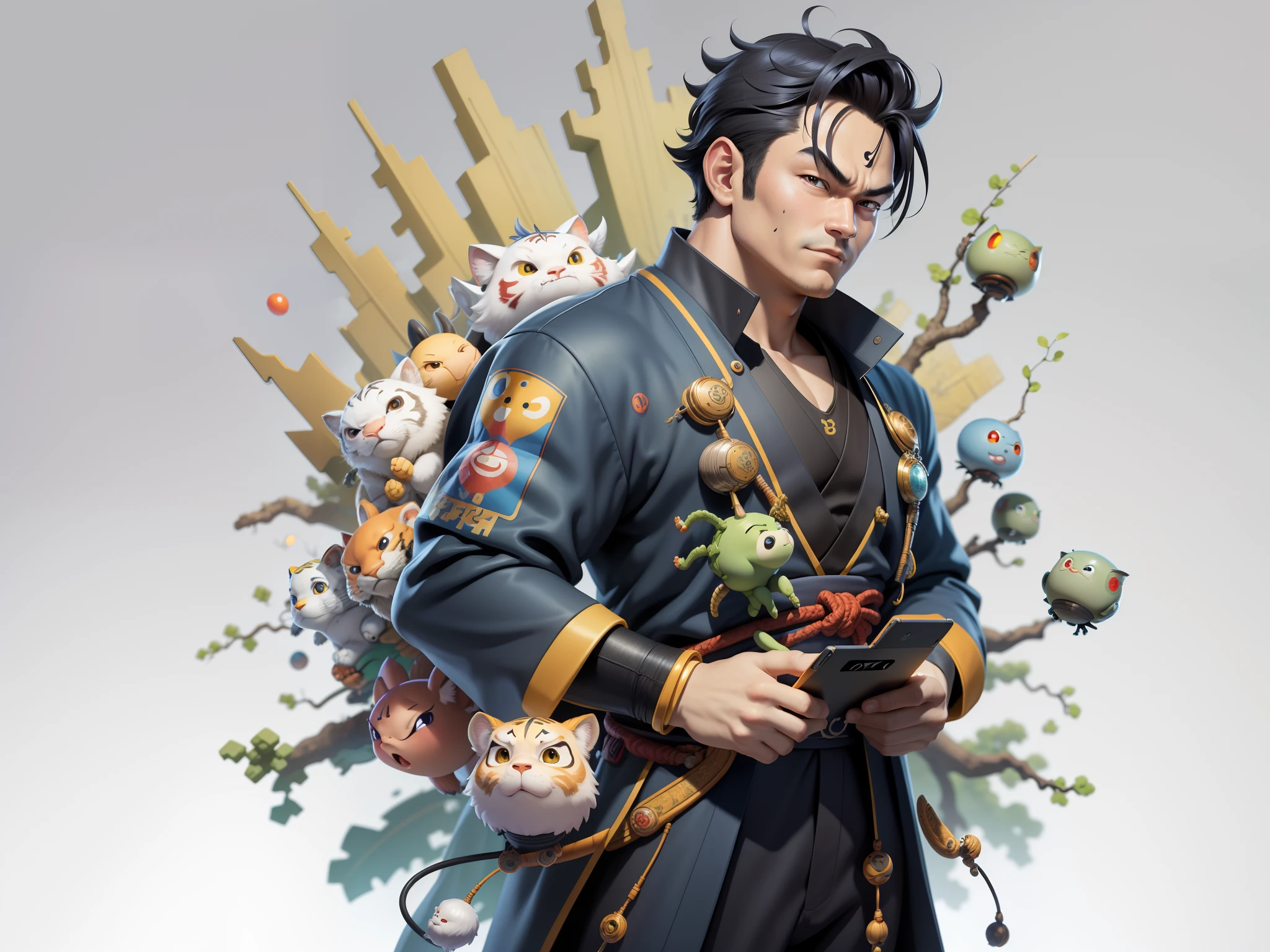 (Masterpiece), (Excellent), (Super Meticulous), (Full Body: 1.2), Super Young Man, Oriental Face, Japanese Kimono, Japanese Wind Thunder God, Dragon, Tiger, TV Anchor, Bust Portrait Illustration, Alone, Black Suit, Blue Tie, Slightly Chubby Face, Very Clean Face, No Beard, Black Super Short Hair, Black Eyes, Confident Smile, 3c Computer Sub-Products, iPad, iPhone, Digital Painting, 3D Character Design by Akira Toriyama and Mark Claireden and Pixar and Hayao Miyazaki, The illustration is a high-definition illustration in 4K resolution with very detailed facial features and cartoon-style visuals.