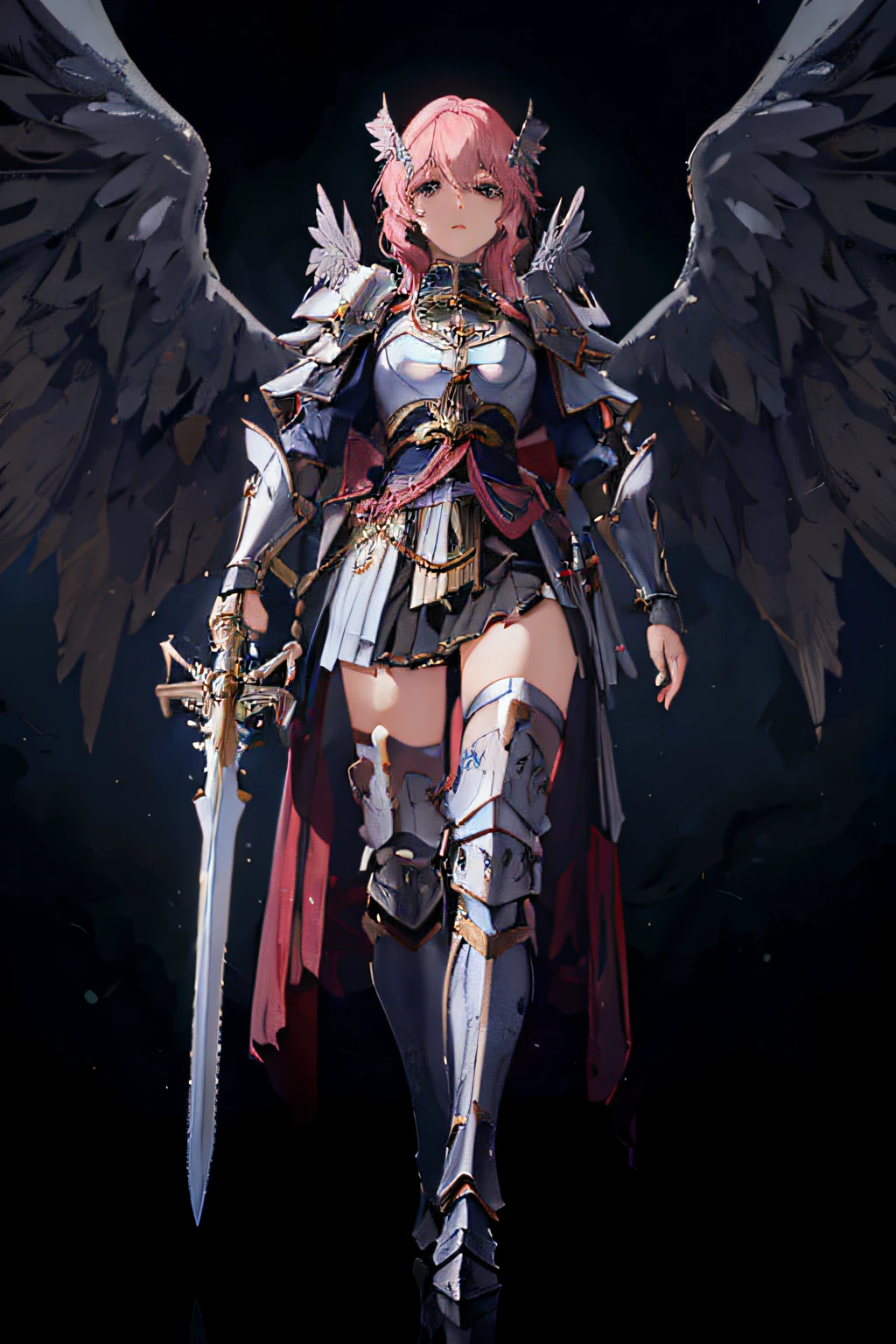 personagem de anime com cabelo rosa e asas segurando uma espada, menina do cavaleiro do anjo, angel knight gothic girl, Armor angle with wing, Arqueiro alado, cushart krenz arte chave feminina, Menina da armadura, Mechanized Valkyrie girl, angel in plastic armor, 2. 5 d cgi anime fantasia arte |, as a mystical valkyrie, arte oficial altamente detalhada, mystical valkyrie