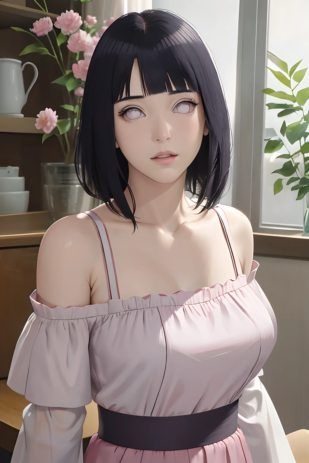 Made, absurderes, Hinata\(Boruto\), 1girll, Solo,Mature female, view the viewer,Perfectcomposition, Detailed lips, big breast, Beautiful face, body propotion, Blush, Short hair, Purple eyes, Soft Gaze, Sticky Liquid In the mouth, Sticky Liquid in the Breast, Super realistic, Detailed, photoshoot, Realistick faces and bodies，（perspire，Sweat a lot，Blushlush，Be red in the face，Blushlush），（Bigboobs），Outdoors，Stand at the door of the phone booth，natta，raining day, ((apron)), ((cleavage)), sideboob