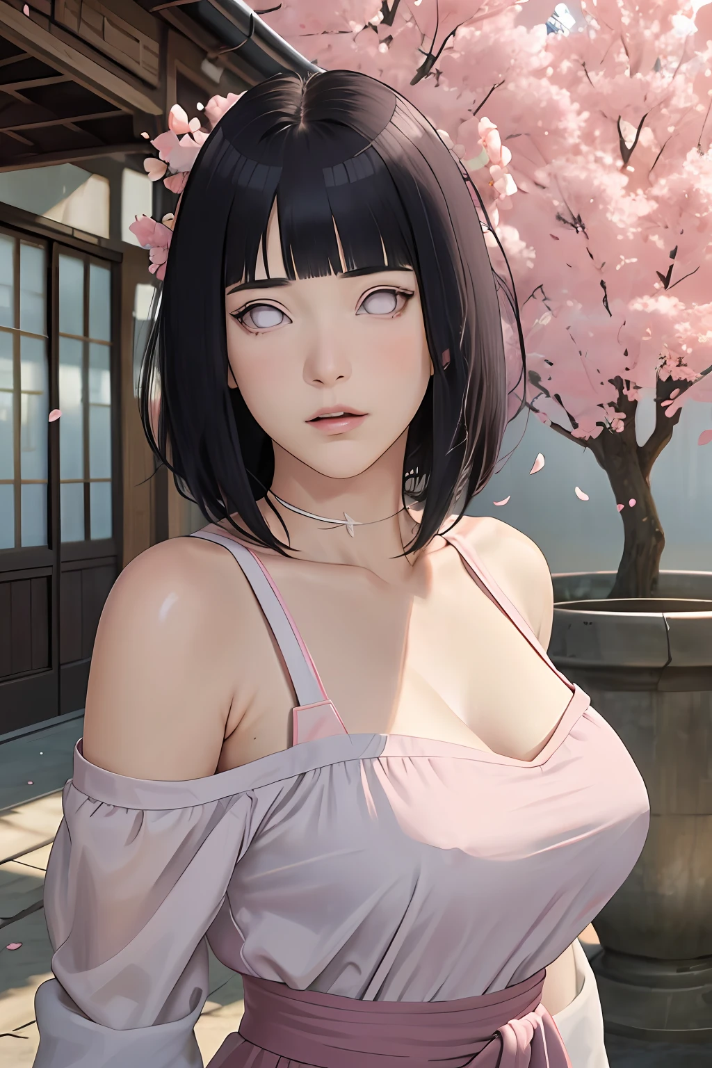 masterpiece, absurdres, hinata\(boruto\), 1girl, solo,mature female, off-shoulder bra, high waist short skirt, looking at viewer, (falling petals), perfect composition, detailed lips, big breast, beautiful face, body propotion, blush, (pink lips), long hair,  purple eyes,  soft gaze,  super realistic, detailed, photoshoot, realistic face and body,