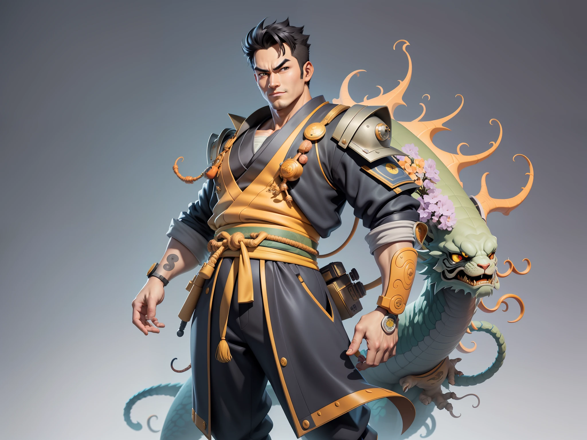(Masterpiece), (Excellent), (Super Meticulous), (Full Body: 1.2), Super Young Man, Oriental Face, Japanese Kimono, Japanese Wind Thunder God, Dragon, Tiger, TV Anchor, Bust Portrait Illustration, Alone, Black Suit, Blue Tie, Slightly Chubby Face, Very Clean Face, No Beard, Black Super Short Hair, Black Eyes, Confident Smile, 3c Computer Sub-Products, iPad, iPhone, Digital Painting, 3D Character Design by Akira Toriyama and Mark Claireden and Pixar and Hayao Miyazaki, The illustration is a high-definition illustration in 4K resolution with very detailed facial features and cartoon-style visuals.