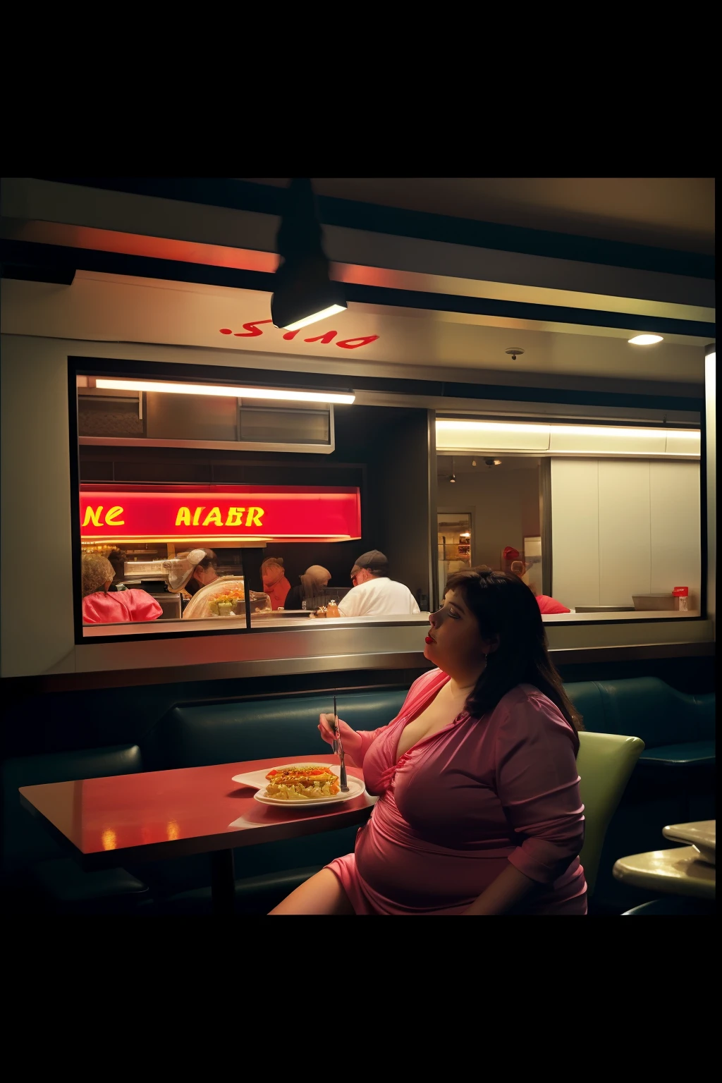 Obese morbidly brunette woman, indulging, fast-food diner, indoor, bustling, neon, ambient, Edward Hopper, realistic, oil on canvas, illustration, warm, vibrant, none, high definition.