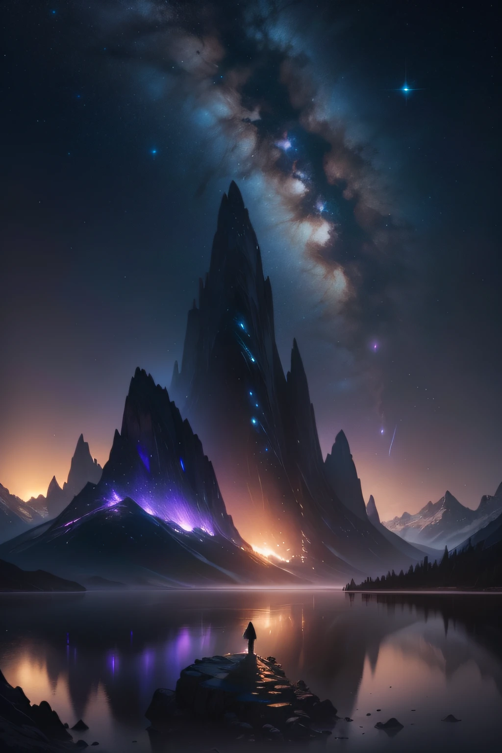 Starry Sky with Mountains and Lake, Jessica Rossier, Inspired by Jessica Rossier, Jessica Rossier Fantasy Art, Concept Art Magic Highlights, Official Artwork, Dream Painting, Ethereal Realm, Atmospheric artwork, dreamy matte paintings, serenas estrelas infinitas inspiradas em Ted Nasmith, Moonlit starry environments with purple and blue colors Epic music album covers.