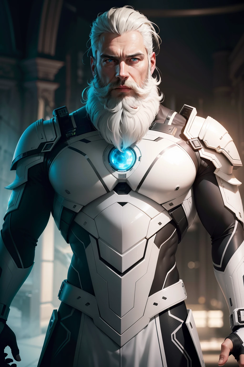 Man ((half body)) perfect skin, hyperrealistic masterpiece, in extremely complex & superdetailed in futuristic sci-fi combat white uniform, cinematic illumination: 8k, symmetrical eyes, realistic, sharp focus, HD, highly detailed, intricate, photography, hyperrealism, hyperrealistic, film, studio portrait, detailed, dramatic lighting, (beard) in cinematic scene.