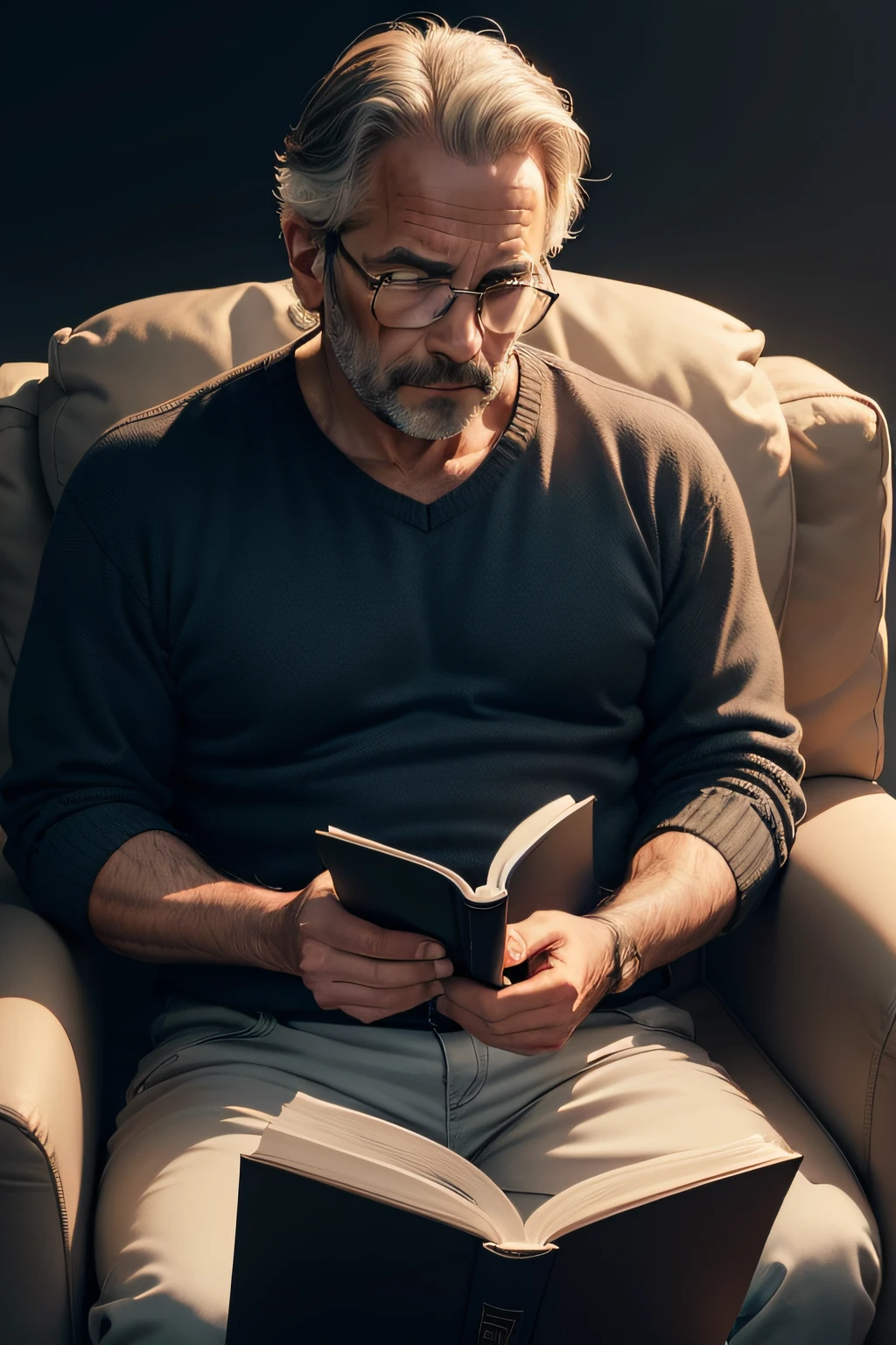 with a middle-aged man, around 40 years old, sitting in an armchair, reading a book. His face is looking straight ahead, with a black background.