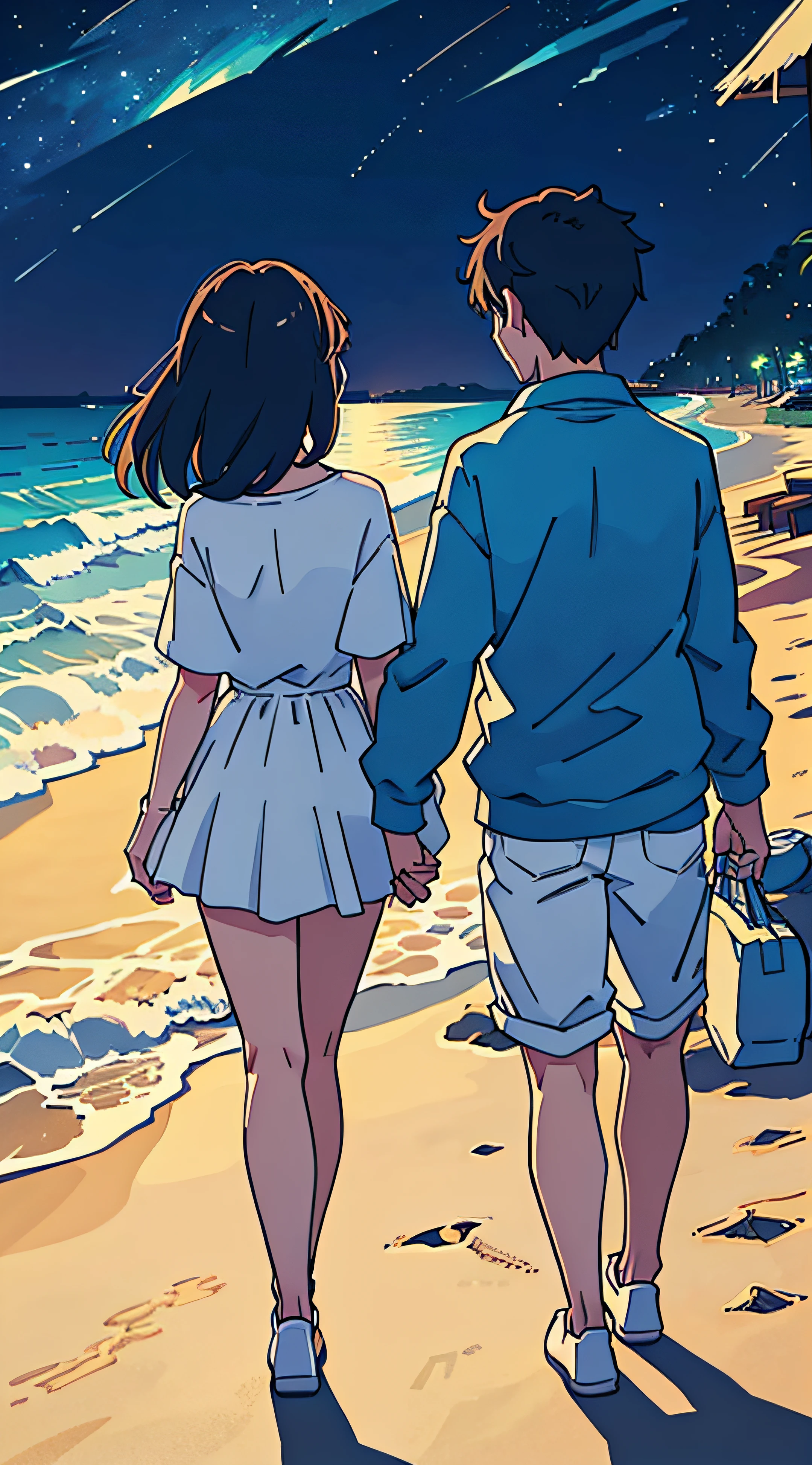 (top-quality:0.8)、(top-quality:0.8)、perfect anime illustration、Couple walking hand in hand on the beach at night、backs