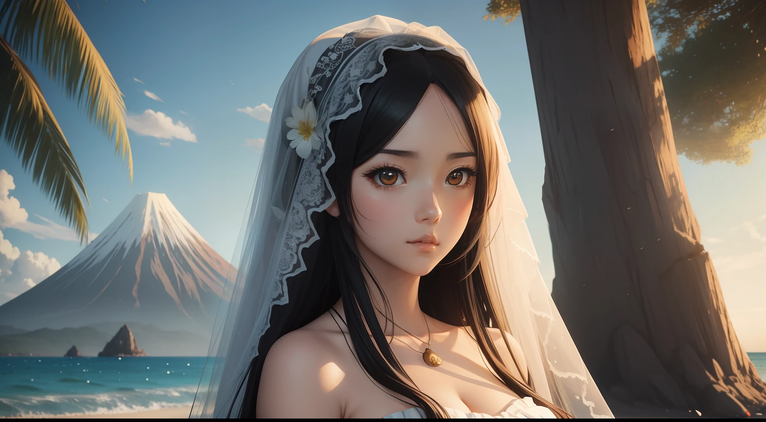 Anime girl with long hair wearing a white veil, Art not Guweiz style, Artgerm extremamente detalhado, Guweiz em ArtStation Pixiv, 8k arte detalhada de alta qualidade, Guweiz em Pixiv ArtStation, Artgerm em ArtStation Pixiv, fanart melhor artstation, arte de anime digital detalhada, Cute anime portrait on the beach and a forest behind her and her pet tiger in the background of the beach on the right side of Mount Aghá, which has the shape of a volcano, But it's not a volcano