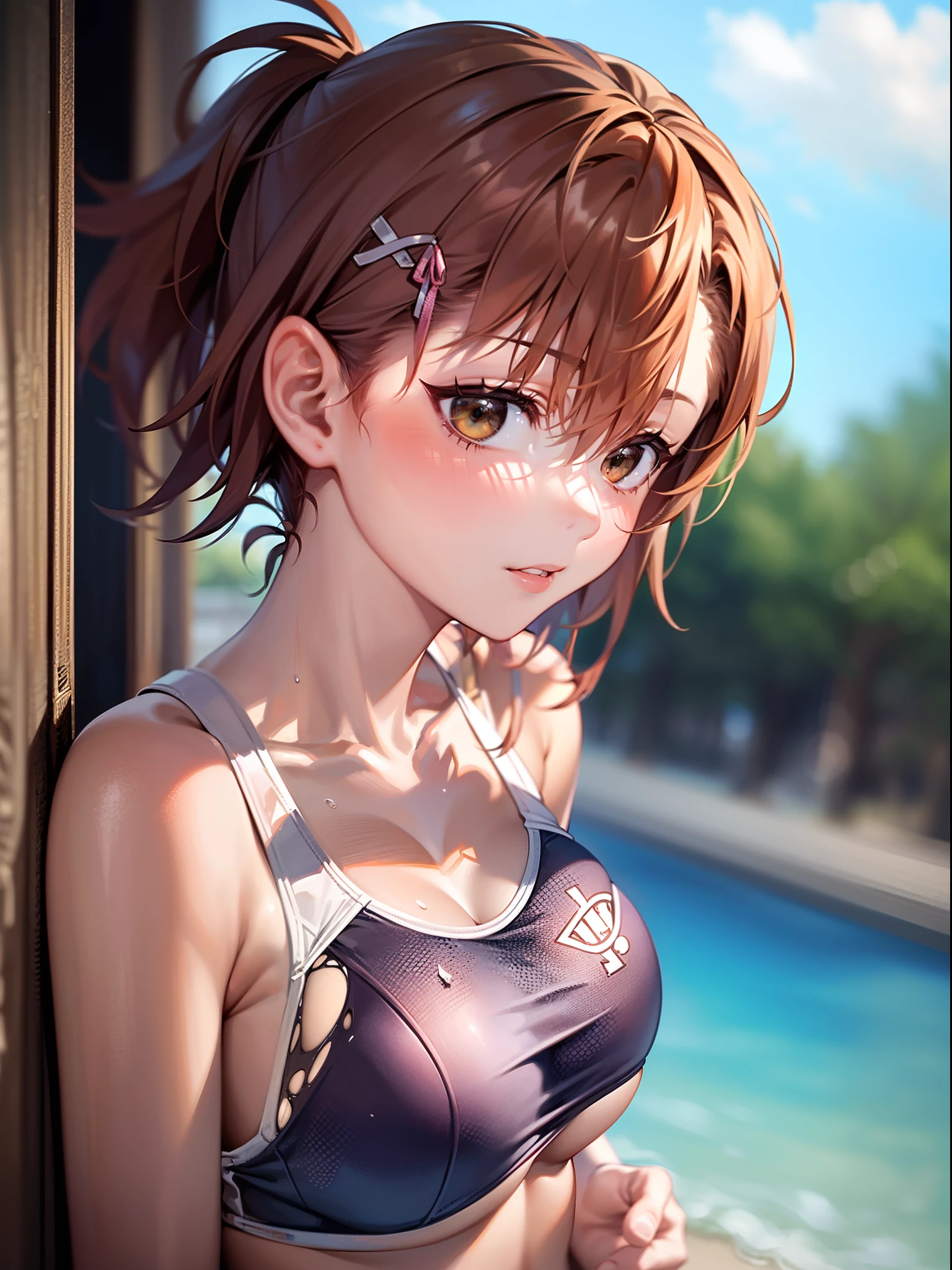(((Mikoto Misaka))), (((Wearing a ripped swimsuit))), The highest image quality, hightquality, high detailing, 超A high resolution, 8K resolution, depth of fields, Cinematography, intricate detailes, Elaborate, meticulous, Magnificent, Maximum Detail, Extreme beauty