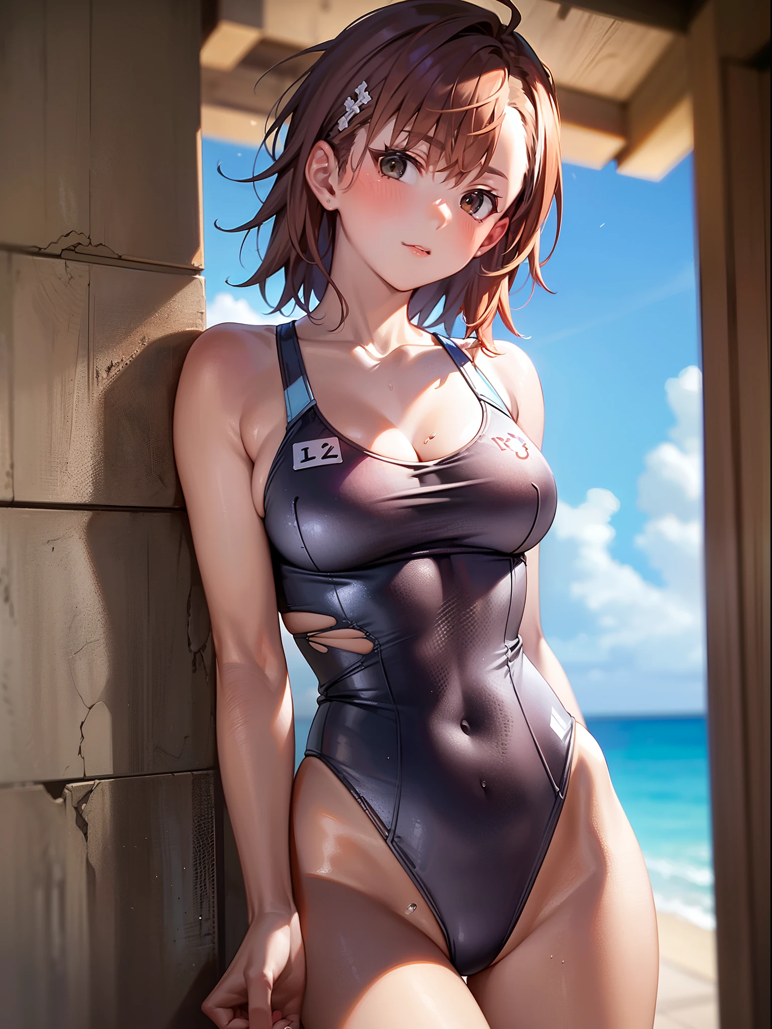 (((Mikoto Misaka))), (((Wearing a ripped swimsuit))), The highest image quality, hightquality, high detailing, 超A high resolution, 8K resolution, depth of fields, Cinematography, intricate detailes, Elaborate, meticulous, Magnificent, Maximum Detail, Extreme beauty