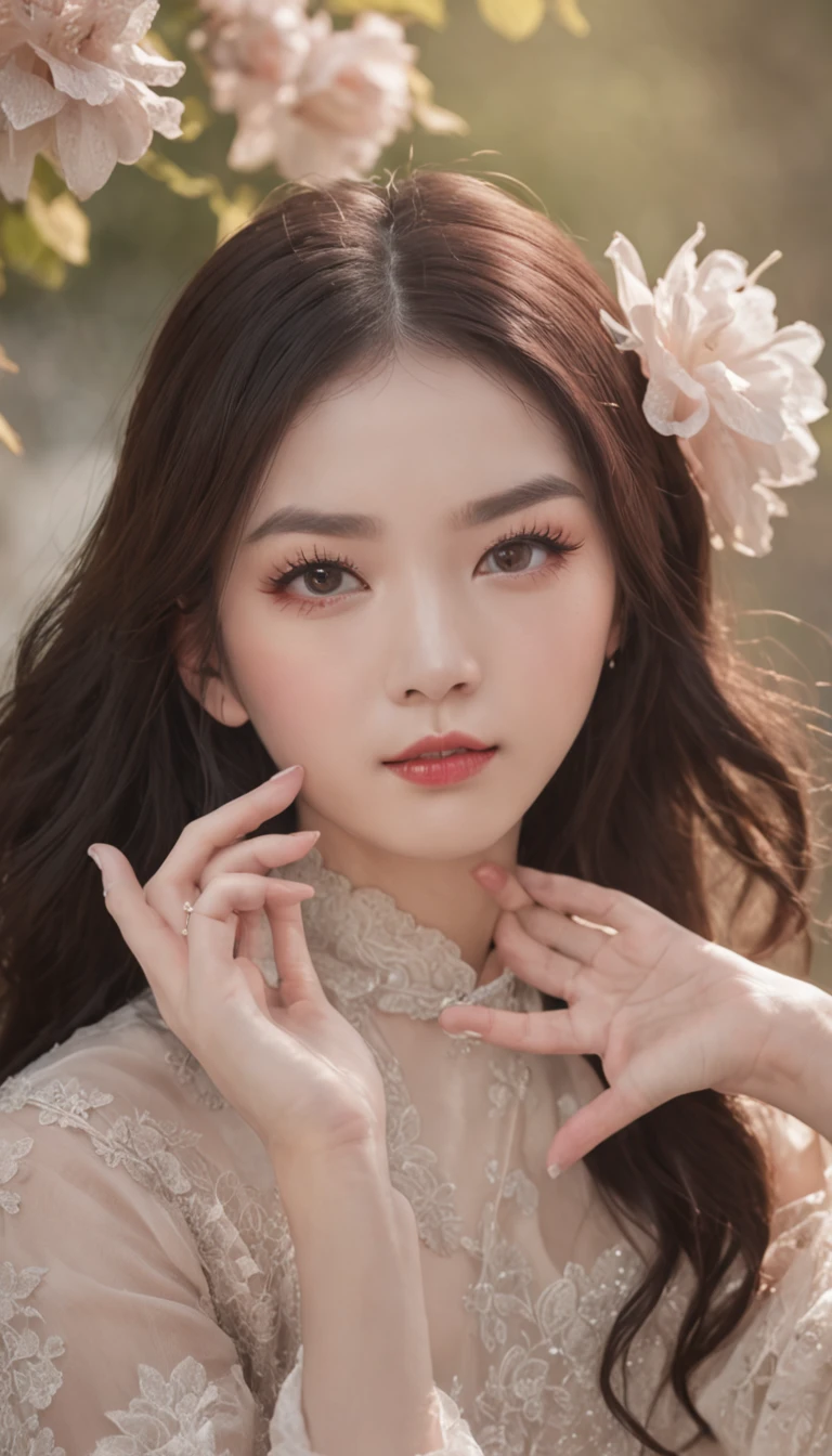 A full-length portrait of a beautiful Chinese girl dancing once in 5,000 years,flowing long black hair,Delicate perfect facial features,watery big eyes,Perfect double eyelids,Redlip,Perfect round face shape,ssmile,Cute little dimples on cheeks,light make-up,exquisite collarbone,Delicate lace-trimmed bra,Slender legs,perfect body figure,Beautiful dancing,Pure lust,ellegance,stage lighting,smoke effect,dreamy background,8K,detail-rich,Works of masters