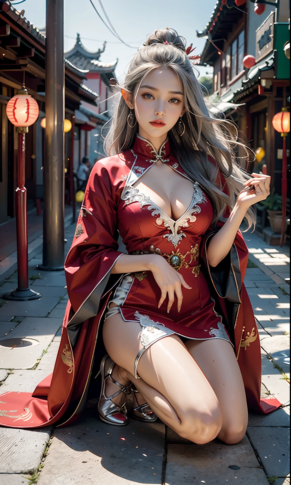 （Redcoat：1 silver-haired girl, Kneeling pose）， tmasterpiece， best qualtiy， RAW photogr， realisticlying， the face， Incredibly Ridiculous res， Beautiful elf beauty， ear studs，Get wet all over， (Long silver hair)， (Red wedding dress+)，Chinese silk long dress，(Red cloth shoes，Embroidered cloth shoes+)，depth of fields， A high resolution， ultra - detailed， filigree， RAWE is very detailed， very detailed eyes and faces， Sharp pupils， realistic pupil， tack sharp focus， cinmatic lighting，full bodyesbian，Bigboobs，long leges，From the front side，ancient Chinese town，Lanterns，Tanabata，Lights of all homes，A faint red glow，dynamicposes