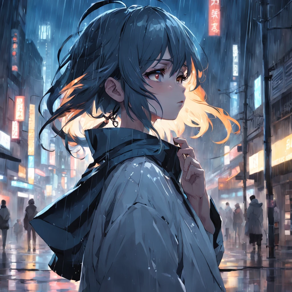 anime girl smoking cigarette in the rain, 4k anime wallpaper, after rain and no girls, profile of anime girl, 4 k manga wallpaper, anime wallpaper 4 k, anime wallpaper 4k, artwork in the style of guweiz, badass anime 8 k, anime art wallpaper 4 k, anime art wallpaper 4k, rainy night, anime art wallpaper 8 k, very detailed city roof background, rooftop, overlooking the city, detailed face, detailed complex busy background, messy, gorgeous, milky white, highly detailed skin, realistic skin details, visible pores, clear focus, volumetric fog, 8k uhd, DSLR, high quality, film grain, fair skin, photo realism, lomography, futuristic dystopian megalopolis, translucent