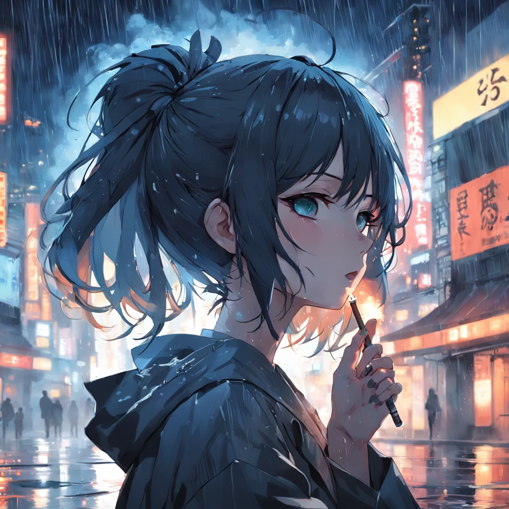 anime girl smoking cigarette in the rain, 4k anime wallpaper, after rain and no girls, profile of anime girl, 4 k manga wallpaper, anime wallpaper 4 k, anime wallpaper 4k, artwork in the style of guweiz, badass anime 8 k, anime art wallpaper 4 k, anime art wallpaper 4k, rainy night, anime art wallpaper 8 k, very detailed city roof background, rooftop, overlooking the city, detailed face, detailed complex busy background, messy, gorgeous, milky white, highly detailed skin, realistic skin details, visible pores, clear focus, volumetric fog, 8k uhd, DSLR, high quality, film grain, fair skin, photo realism, lomography, futuristic dystopian megalopolis, translucent