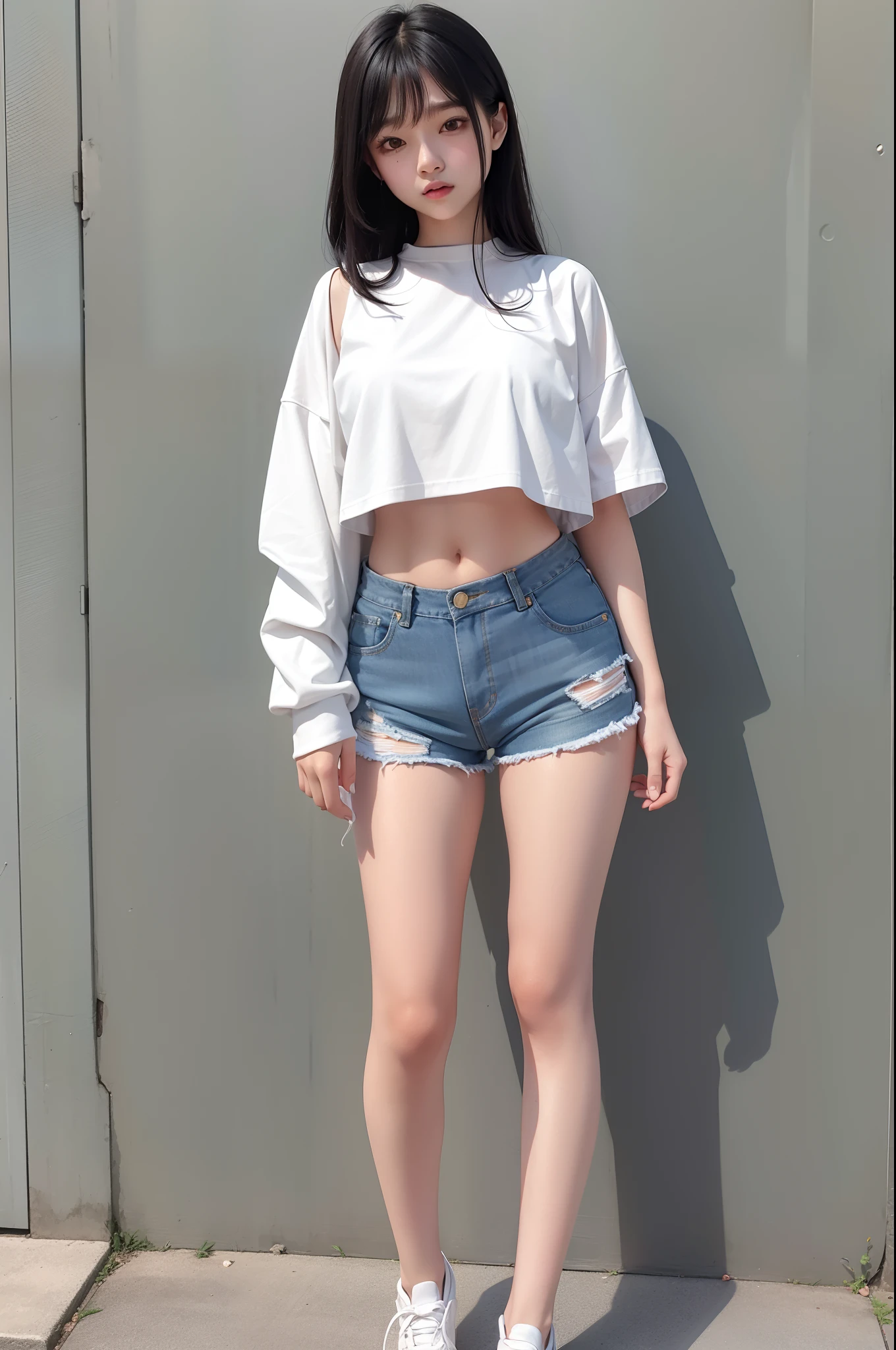 photorealistic, erotic pose, (shot from below),( intricate details, exaggerated details, ultra high details), self portrait, (1girl, beautiful, delicate face, innocent, pale skin, short hair, (casual streetwear):1.2, (wide thigh gap):1.2, (wide thighs):1.2, (masterpiece)