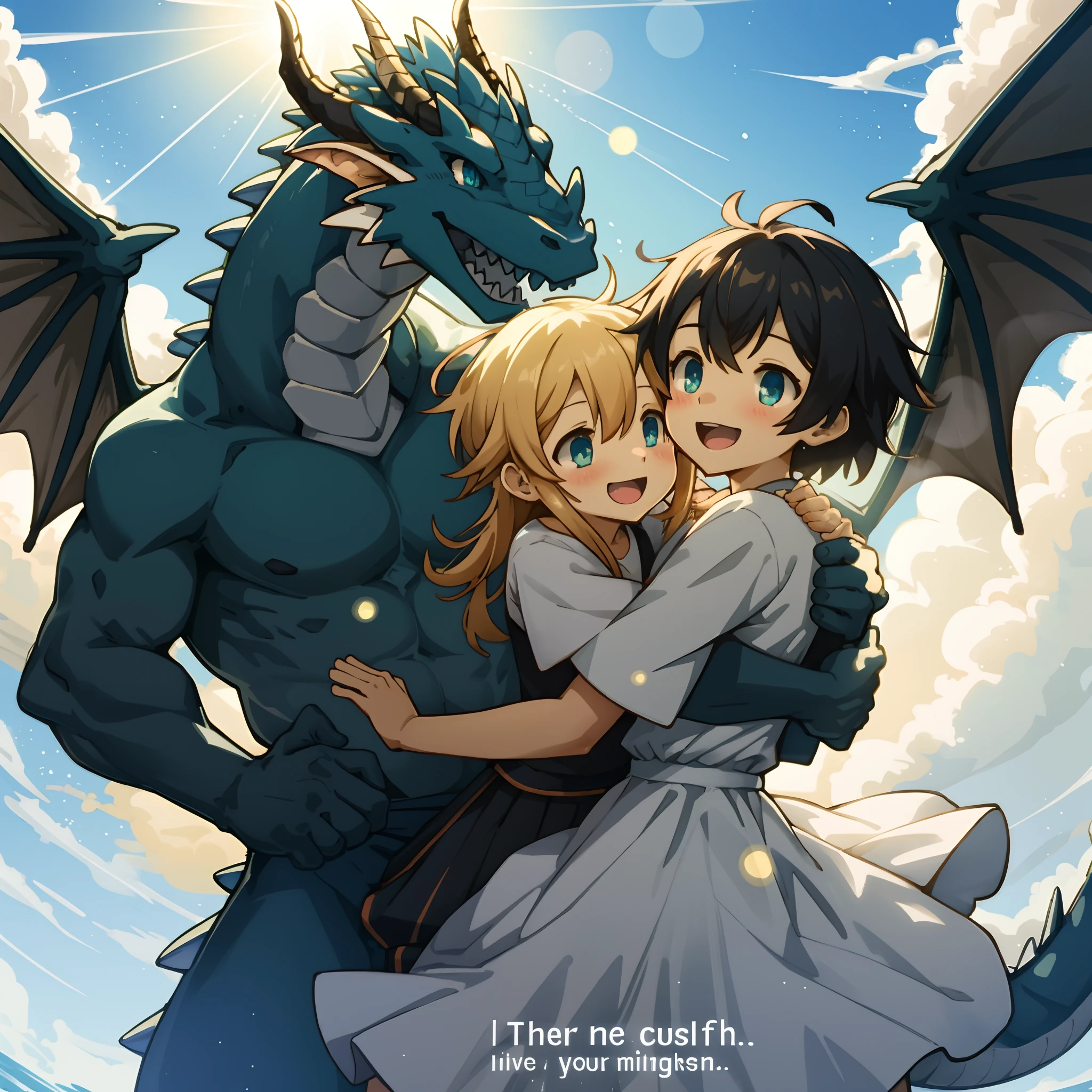 highres, top quality, best quality, paid reward available, High-quality illustrations, unparalleled masterpiece, under refreshing blue sky, absurdres, height difference, large Dragon, smile, hugs girl((movie of a Dragon and human girl))girl hugs dragon, dress skirt, smile, open mouth, happy, joyful(beautiful detailed eyes and face)caustics, light rays, light leaks, light particles, lens flare, subtitles, English text,