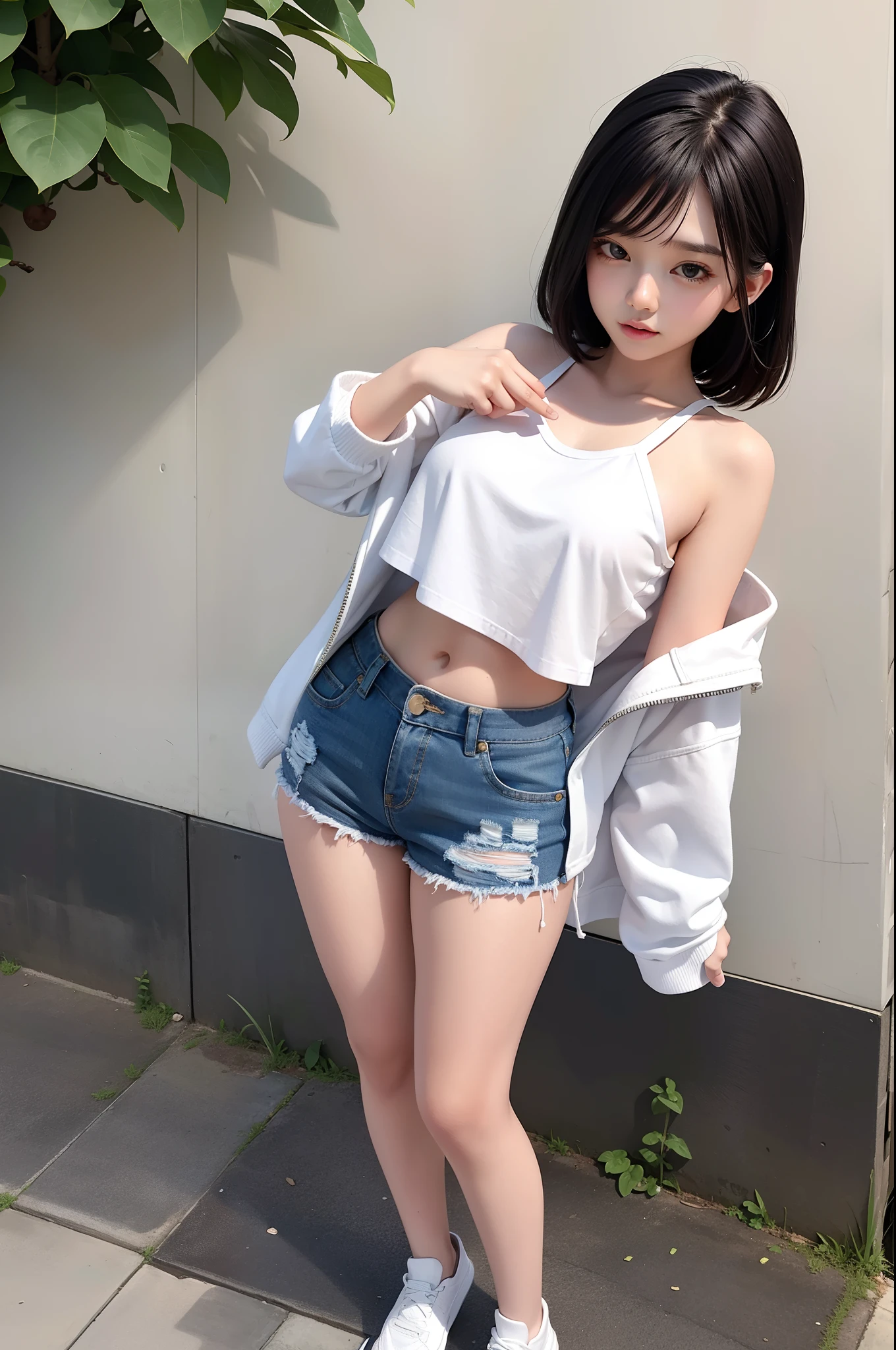 1girll，18 years old，（full-body view），Asian woman standing on sidewalk in shorts and white shirt, wearing denim short shorts, Bra and shorts streetwear, dressed in a top and shorts, in shorts and t-shirt, wearing casual cloths, wearing a camisole and shorts, wearing a cropped top, sexy girl wearing shorts, wearing a cropped top, wearing casual cloths