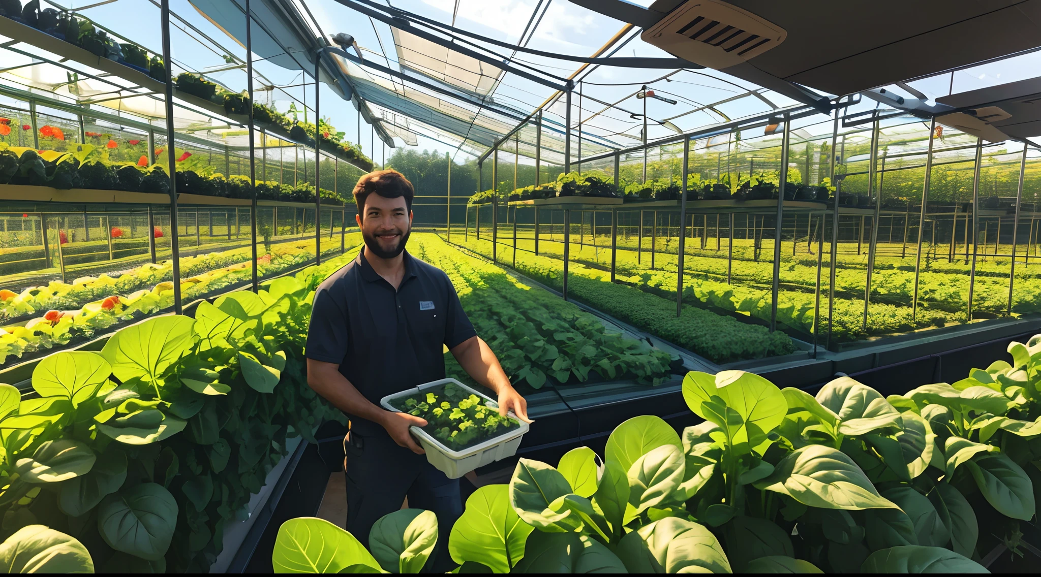 there is a man that is picking fruits, hydroponic farms, snapchat photo, by John Luke, vertical vegetable gardens, tall farmer, lettuce, vine, all growing inside an enormous, in full growth, gardening, very highly detailed, ultra 4k, dlsr shot, realistic photo --auto