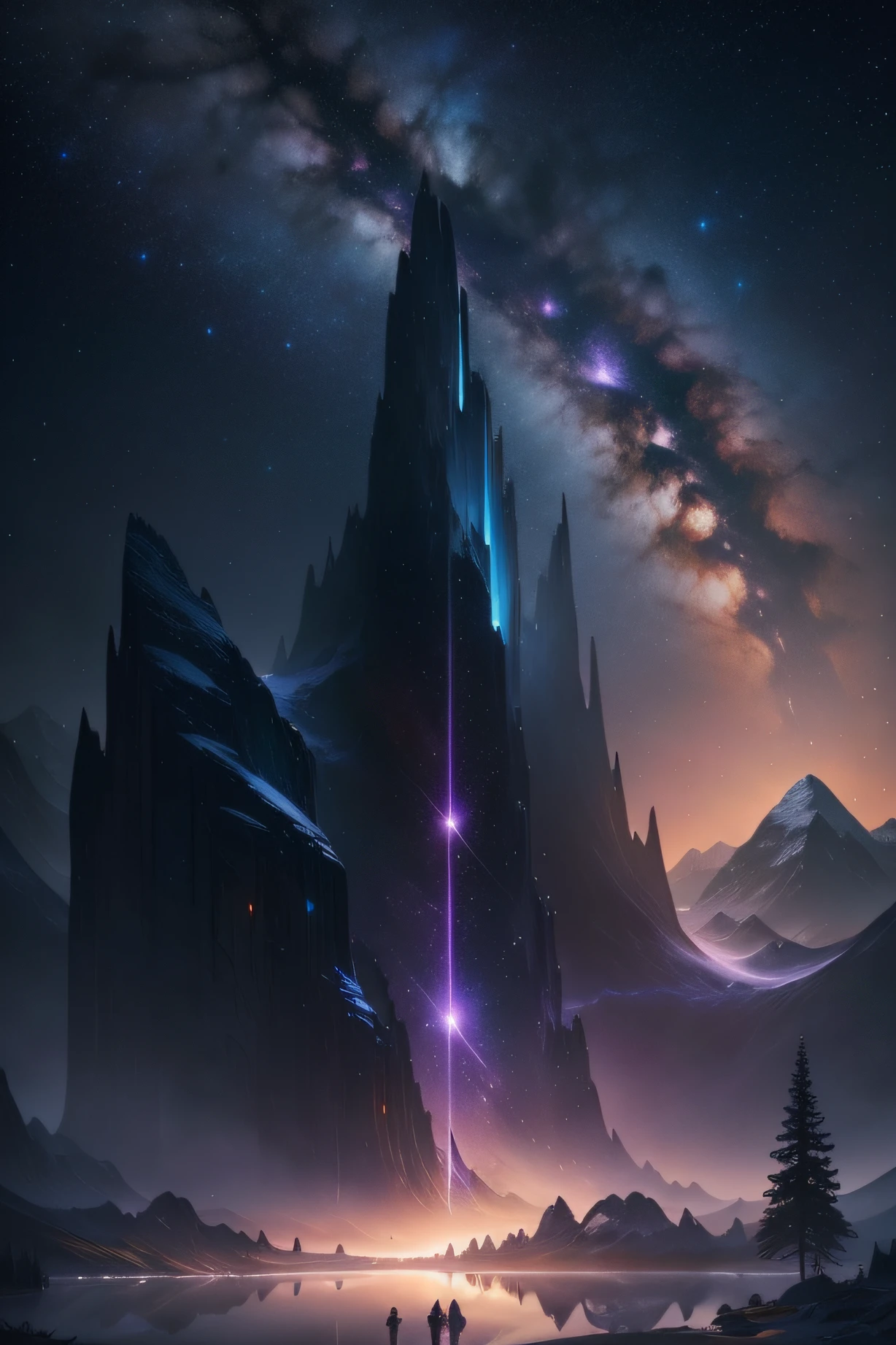 Starry Sky with Mountains and Lake, Jessica Rossier, Inspired by Jessica Rossier, Jessica Rossier Fantasy Art, Concept Art Magic Highlights, Official Artwork, Dream Painting, Ethereal Realm, Atmospheric artwork, dreamy matte paintings, serenas estrelas infinitas inspiradas em Ted Nasmith, Moonlit starry environments with purple and blue colors Epic music album covers.