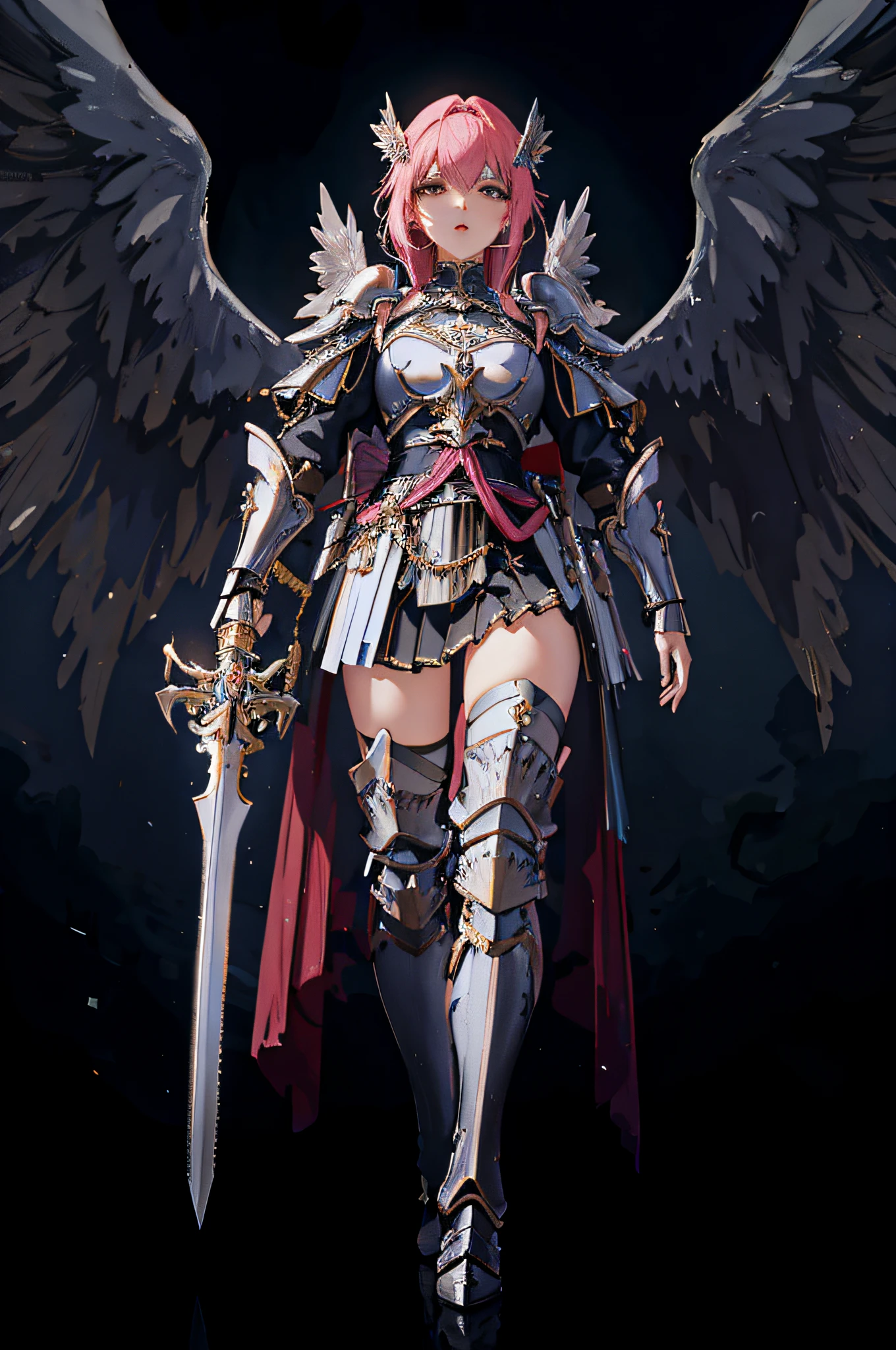 Anime - imagem de estilo de um anjo feminino com cabelo rosa e uma espada, ****** do cavaleiro do anjo, angel knight gothic girl, as a mystical valkyrie, Armor angle with wing, mystical valkyrie, angel in plastic armor, cushart krenz arte chave feminina, valkyrie style character, 2. 5 d cgi anime fantasia arte |, ****** da armadura, Arqueiro alado, Mechanized Valkyrie girl