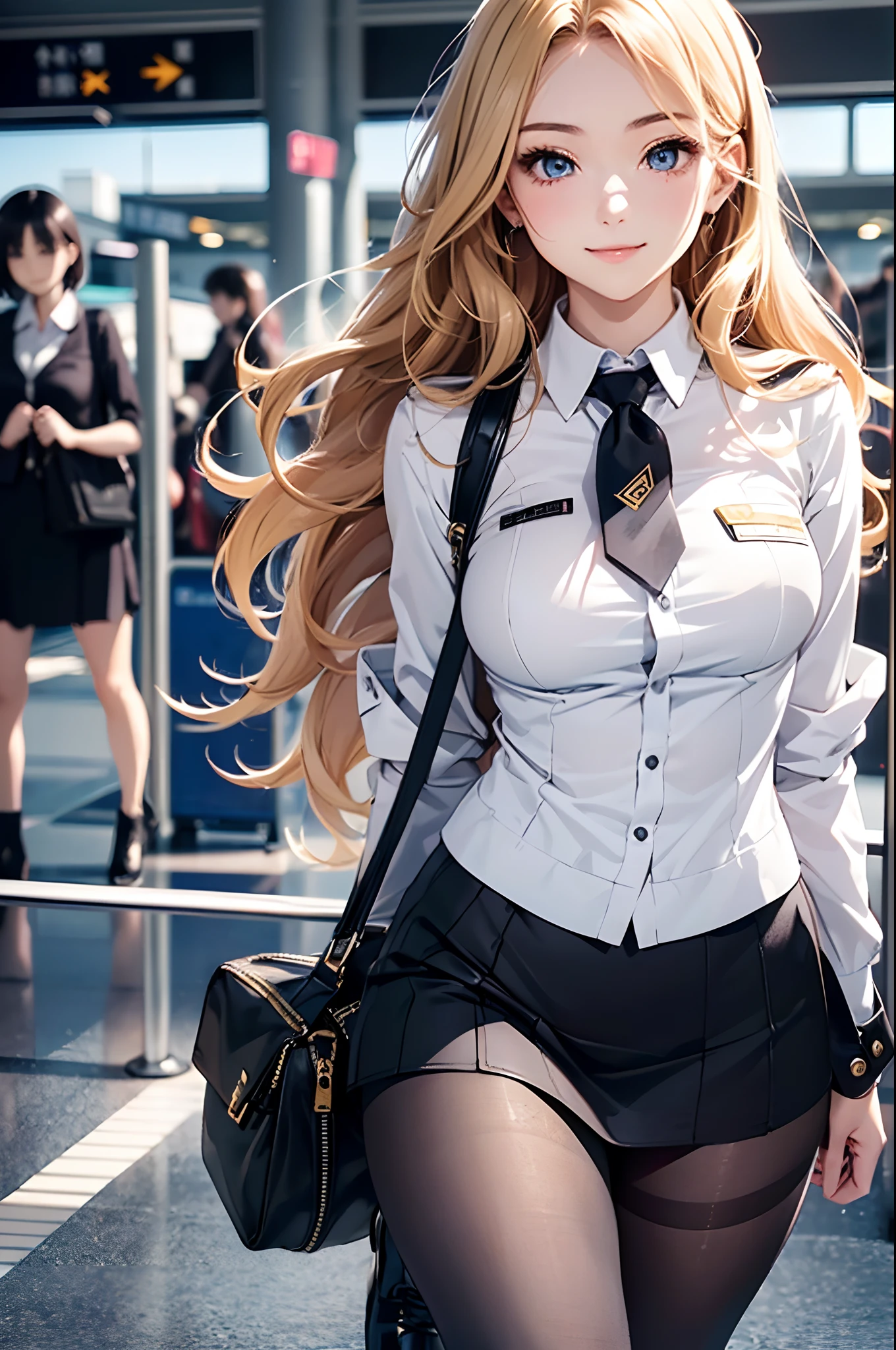 (Best Quality、Unity 8k壁纸、32K、masutepiece、ultra-detailliert、超A high resolution、Impresionismo、Photorealsitic:1.2)、Dynamic lighting、dynamic shot、Detailed 3D rendering、Detailed beautiful face and eyes、A slender、Medium bust、(Full body:1.2)、 Highly detailed background、(airport:1.4)、beauitful face、16-year-old beautiful girl、shiny white skin、Beautiful golden hair、Wavy Hair、Medium Hair、blue eyess、Stewardess uniform、pantyhose、Black shoes、A smile、Carry Case、thighs thighs thighs thighs、