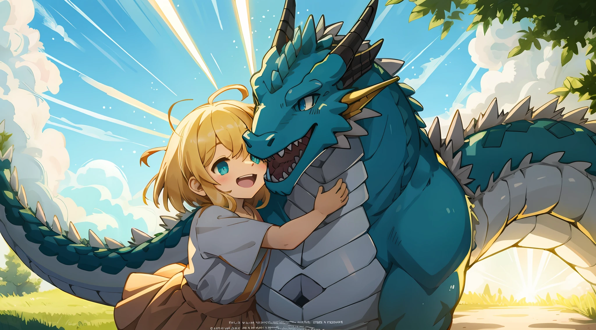 highres, top quality, best quality, paid reward available, High-quality illustrations, unparalleled masterpiece, under refreshing blue sky, absurdres, height difference, large Dragon, smile, hugs girl((movie of a Dragon and human child girl))girl hugs dragon, dress skirt, smile, open mouth, happy, joyful(beautiful detailed eyes and face)caustics, light rays, light leaks, light particles, lens flare, subtitles, English text,