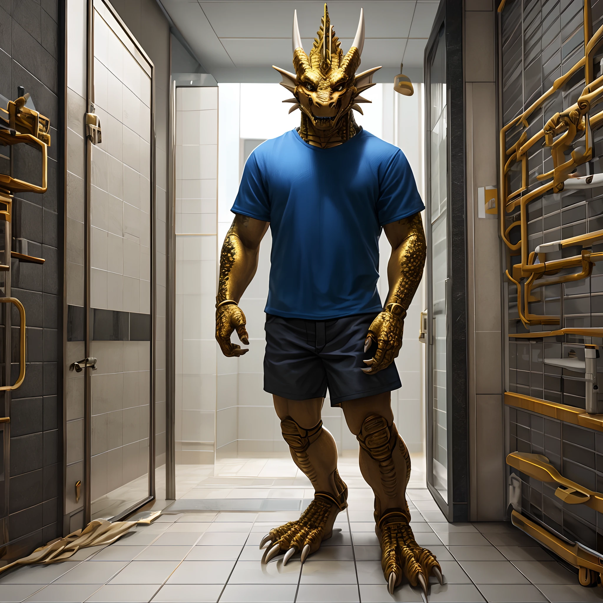 Humanoid golden mechanical dragon,Wears blue short sleeves,Standing on the tiled floor of the apartment。high-definition image,Rich and realistic in detail,high qulity。Extremely detailed CG