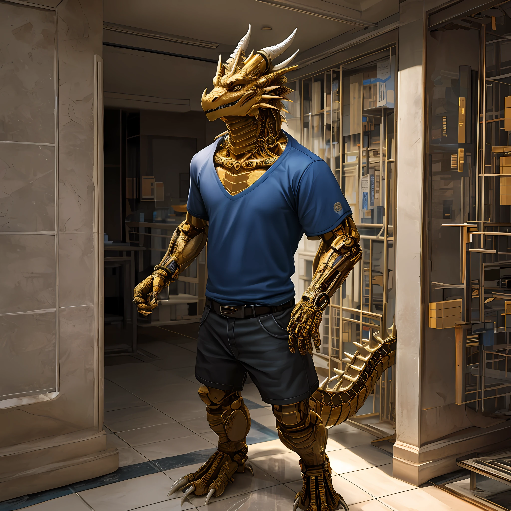 Humanoid golden mechanical dragon，Wears blue short sleeves，Standing on the tiled floor of the apartment。high-definition image，Rich and realistic in detail，high qulity。Extremely detailed CG