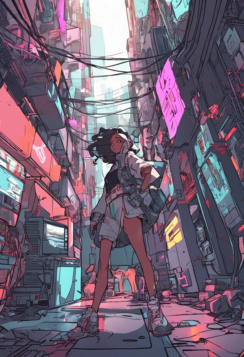 Modern simulation,Anime-style environment wide-angle shot,Nightly chaotic arcade shots; A woman in street clothes;Sci-fi. Line art. Environmental arcade art.,cyber punk perssonage