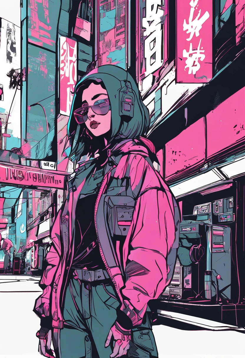 Modern simulation,Anime-style environment wide-angle shot,Nightly chaotic arcade shots; A woman in street clothes;Sci-fi. Line art. Environmental arcade art.,cyber punk perssonage