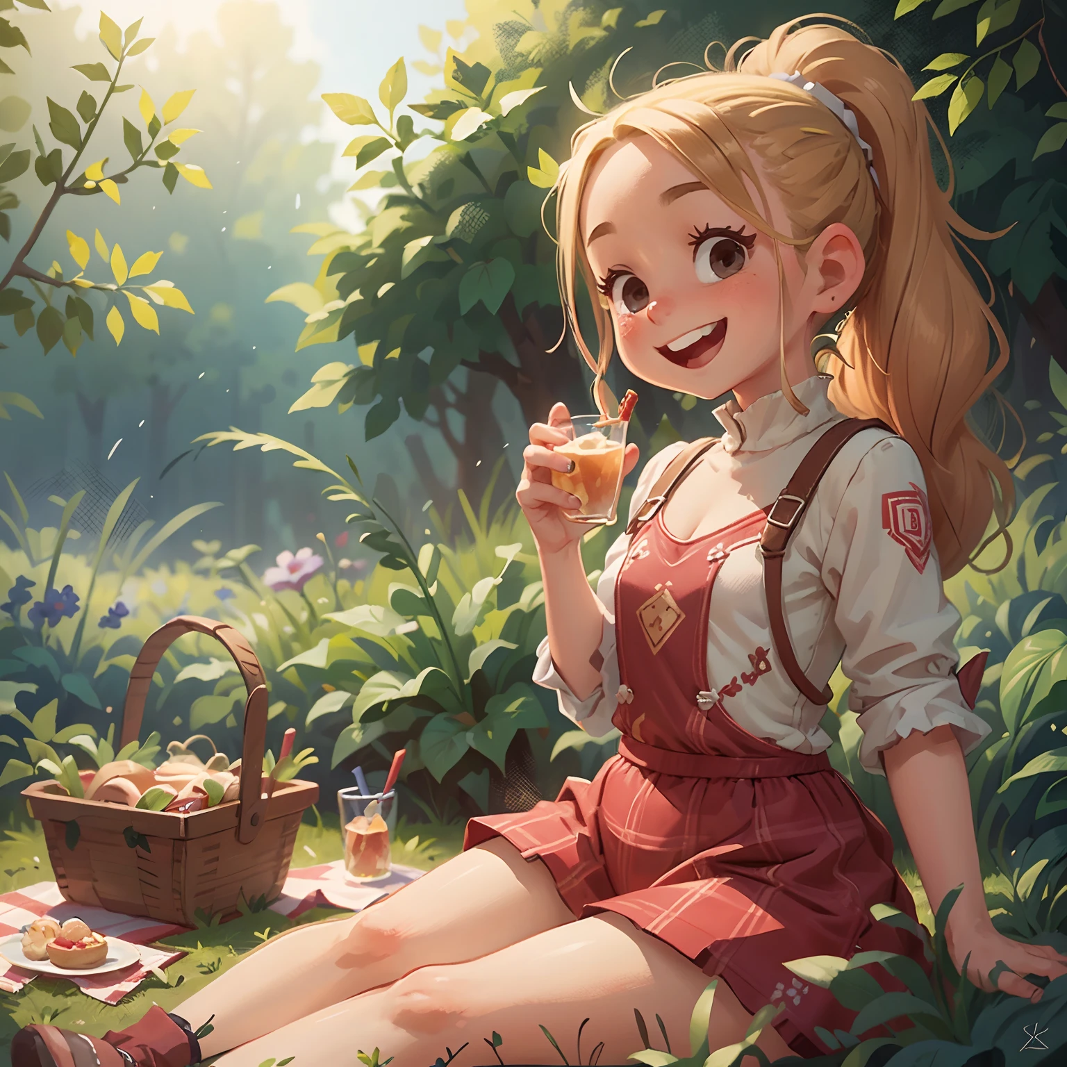 Best quality, masterpiece, UHD, a ite dwarf woman having a picnic in the garden, ponytail, (flat chested), standing, (leotard) she has a cute face, very cute and childish, smiling, showing teeth, sitting, looking at viewer blonde hair