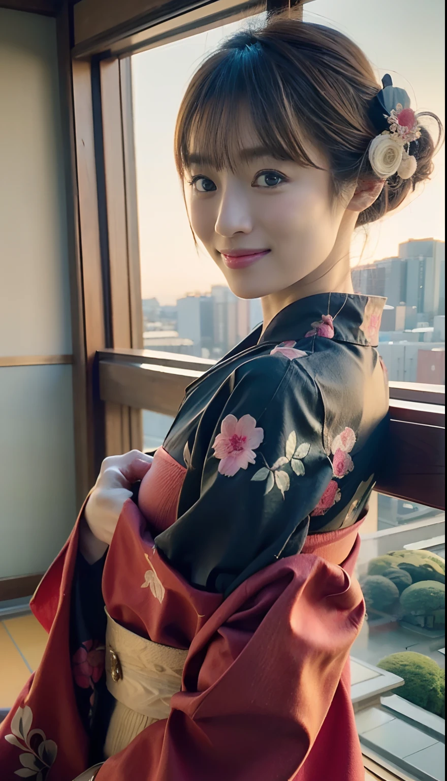 ((top-quality、32K、masterpiece:1.3、foco nítido:1.3))、1girl in、Pretty Japan Girl、with round face、a baby face、Young Face、A dark-haired、Black eyes、Detailed eyes and iris、Highly detailed facial and skin texture、hairstyle on((Japan hair、Edo period hairstyles))、Beautiful Japan kimono、Background with((in the edo era、Japan Bridge、Edo Castle))、Girl's body type(Sensual body lines:1.4、Feminine body line、Colossal tits)