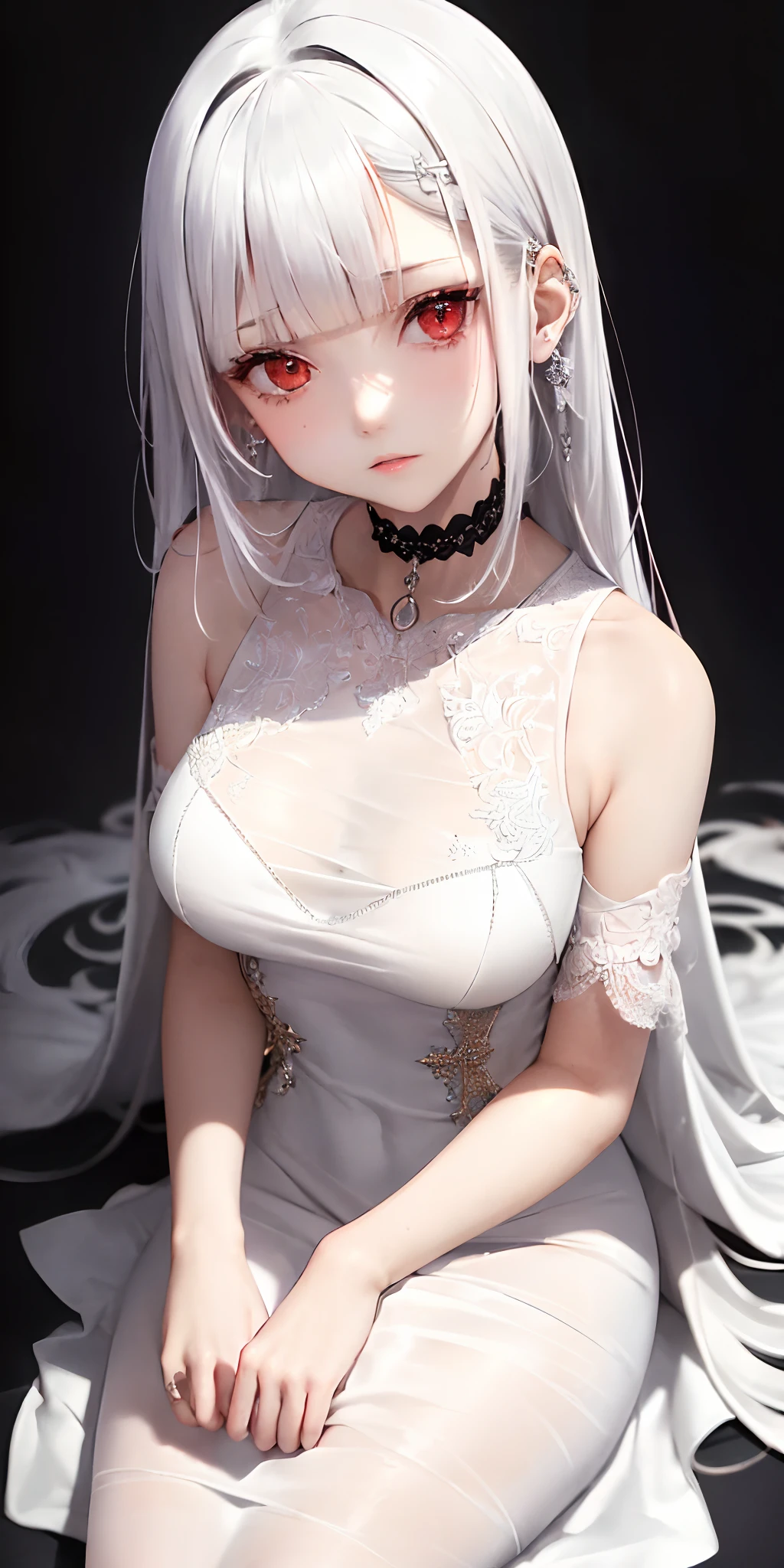 [monochromes:Subdued Color:0.6] theme, (masutepiece), (Best Quality), (Detailed), Light Layer, Lustrous skin, (intricate-detail , taut clothes, ), From  above, White hair, Black Choker, Long hair, hime-cut, Blunt bangs, side locks, Red Eyes, ,, (maturefemale:1.1),    (Simple background:1.1),tiered dress、Tiered One Piece