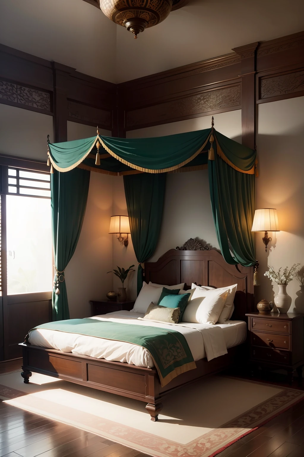 Masterpiece, high quality, best quality, authentic, super detail, Indochine interior style is a captivating blend of Southeast Asian elegance and colonial charm, creating a tranquil and sophisticated atmosphere within a bedroom. This style is characterized by a harmonious fusion of rich textures, earthy tones, and intricate details that pay homage to the historical and cultural elements of the Indochinese region. Let's delve into a description of an Indochine-style bedroom: Upon entering the room, you're greeted by a sense of understated opulence. The color palette draws inspiration from nature, incorporating warm, earthy hues like deep browns, muted greens, and soft creams. The walls are adorned with intricate wallpapers featuring motifs inspired by traditional Asian art, adding depth and visual interest to the space. The focal point of the room is a grand, intricately carved wooden bed with a tall headboard, reminiscent of colonial-era craftsmanship. The bed is draped in sumptuous silks and velvets in jewel tones of ruby red, sapphire blue, or emerald green. The bedding is adorned with hand-embroidered patterns that echo traditional designs, adding a touch of authenticity to the ambiance. Flanking the bed are intricately designed nightstands, crafted from dark, polished wood. These nightstands feature delicate mother-of-pearl inlays that depict scenes from nature and historical narratives, showcasing the attention to detail that defines Indochine design. The lighting in the room is soft and inviting, provided by silk-shaded lamps with tassels and fringe. These lamps cast a warm glow that enhances the cozy and intimate atmosphere. Lantern-inspired pendant lights hang from the ceiling, casting intricate patterns of light and shadow on the walls and floor. In a corner of the room, a low wooden table is adorned with carefully curated decorative objects, such as antique vases, ornate ceramic bowls, and traditional sculptures. These pieces evoke the cultural richne
