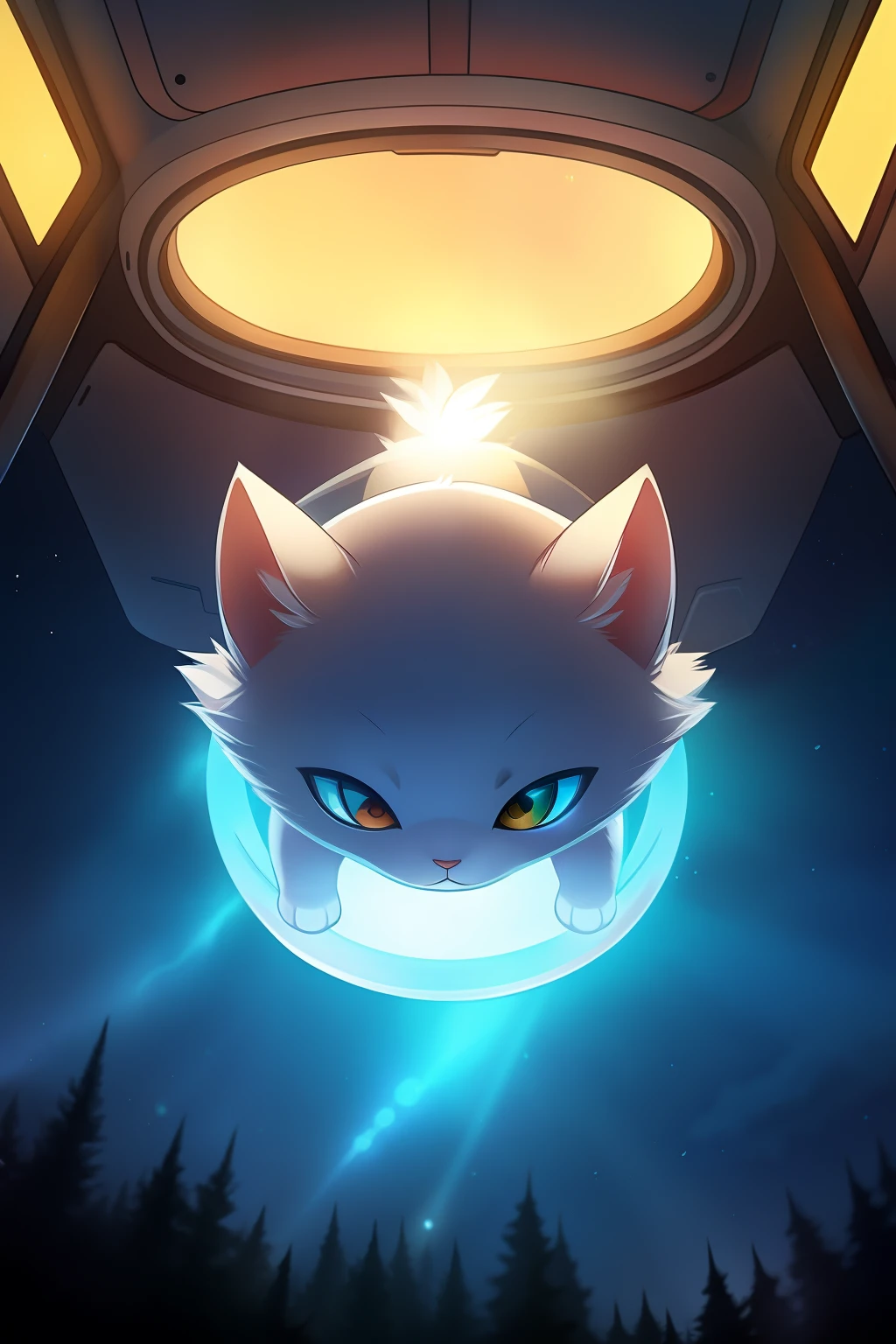 White cat is taken into a spaceship in the forest, surrounded by light from above.