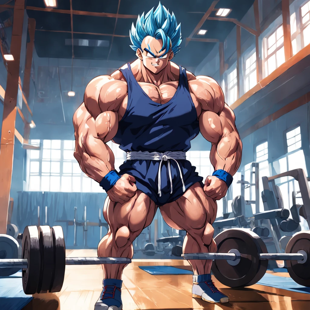 a detailed illustration Mr... Popo, Dragon ball z, in gym clothes training intensely in a bodybuilding gym, corpo inteiro