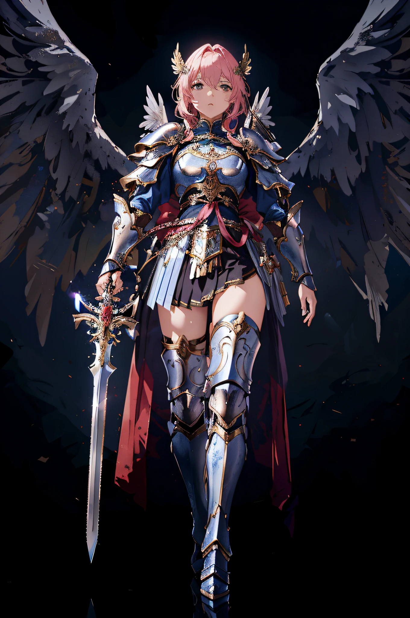 1 young beautiful woman,(Highest quality,Extremely detailed depiction,Incredibly absurd high resolution,Anatomically accurate depiction,Curvy Legs),(Glowing Skin,Shiny skin),(A female swordsman with a noble air),(Red Armor,Red Boots,Metal embroidery,Transparent gemstones and precious metals decoration,Exquisite armor detailing,Holy sword,Valkyrie Helmet,Cape,White tights),(Blue Eyes,Detailed pupil,Half-closed eyes:1.3,Shadowed face,lipstick,There is cleavage in the chest,Cool look),eyelash,Luxury accessories,Earrings,necklace,Bracelet,Standing posture