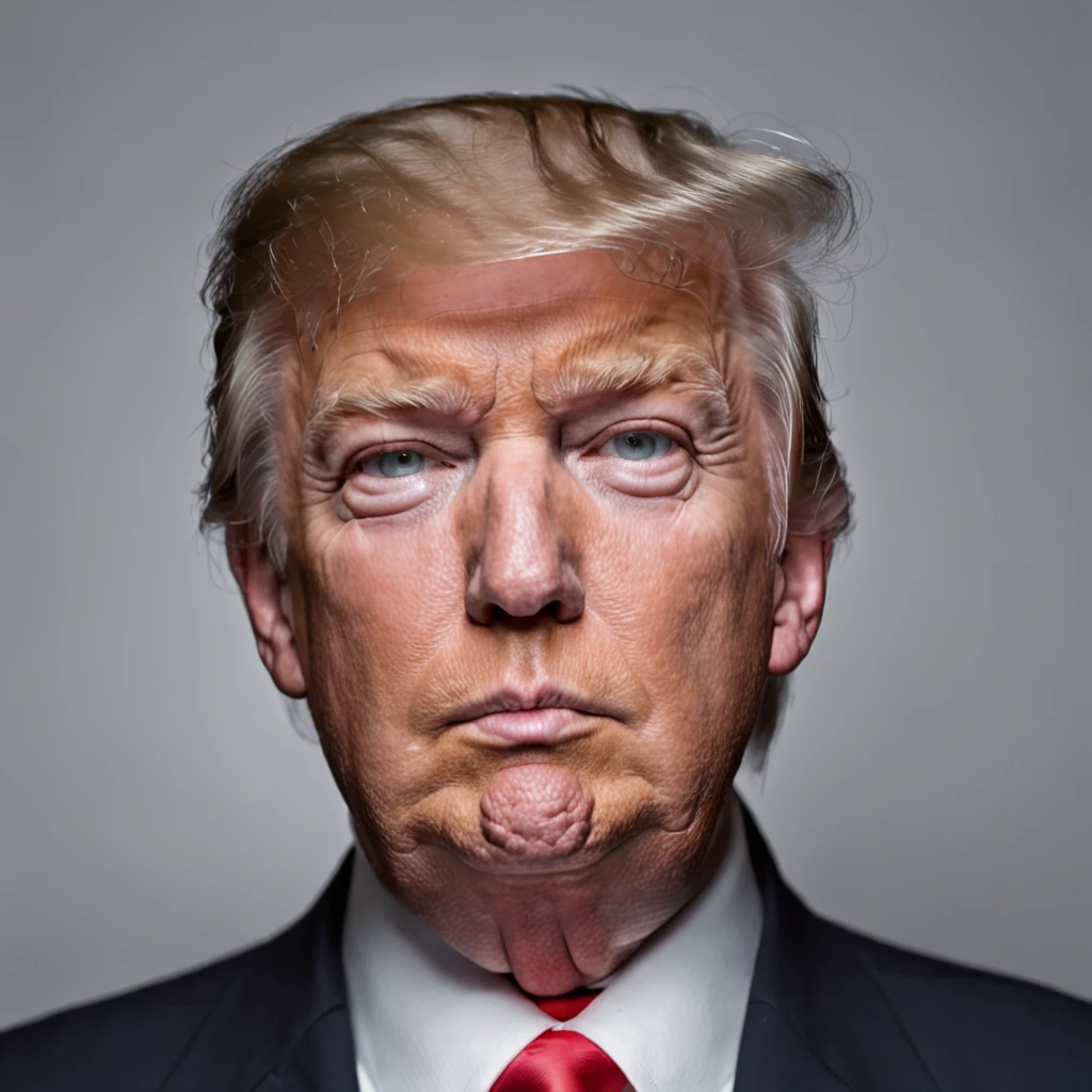 photo of an adult TRUMP (65 years old) centered in the image. Character centered in the middle of the image, with equal distance to the sides of the image. Center the character obeying the rule of thirds. You cannot cut the top of the head. Tip of the nose centered in the image. Expressing HAPPY. White T-shirt Pastel GRAY background. Dramatic lighting and color grade. Skin with pores and detailed texture Realistic and detailed image. Sharped. Realistic Image